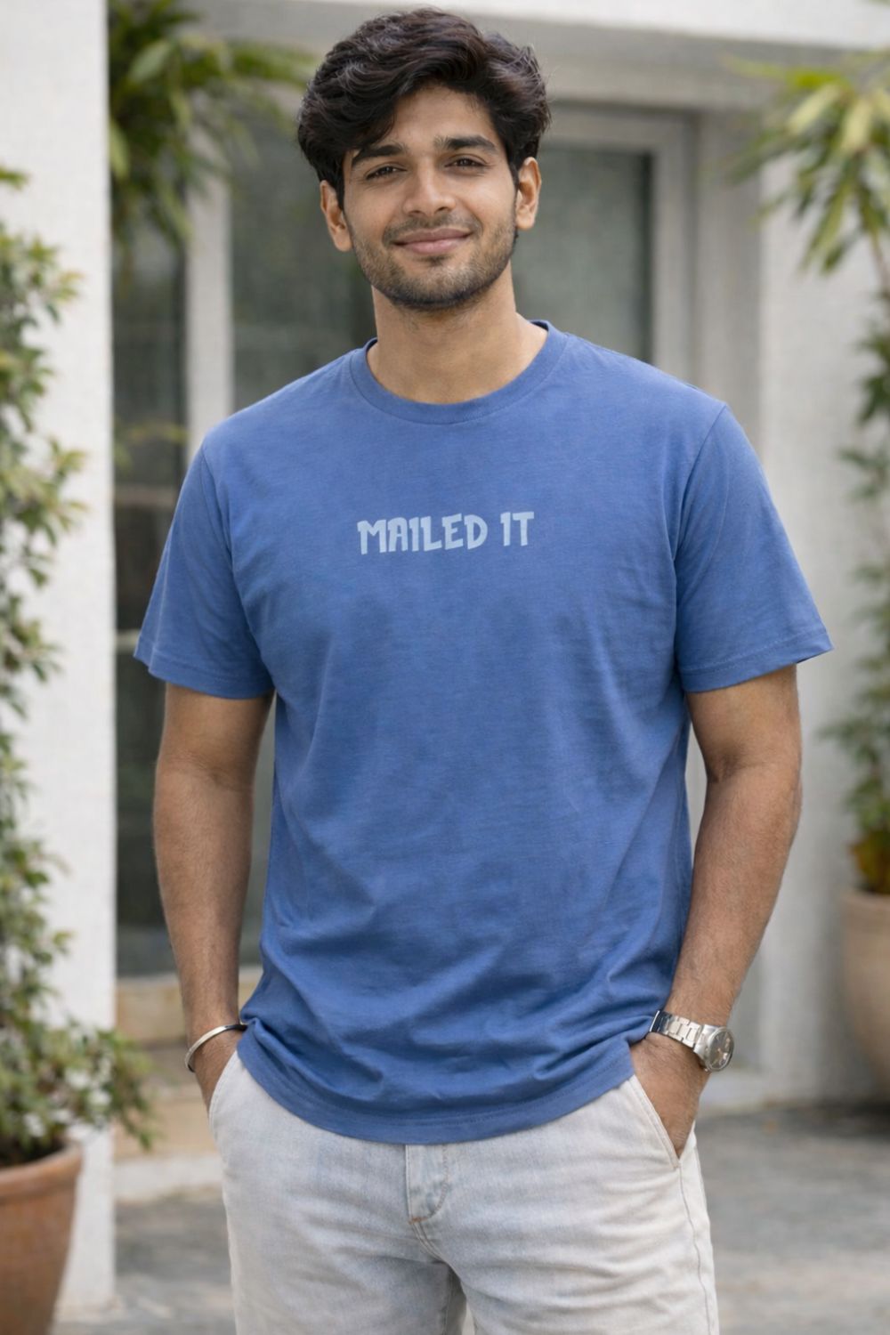 Enhance Men’s Cotton Graphic Printed T-Shirt | “Mailed It” Round Neck Half Sleeve Crew Neck Tee | Front & Back Print Skateboard Laptop Design | Everyday Casual Streetwear - Blue - TG10