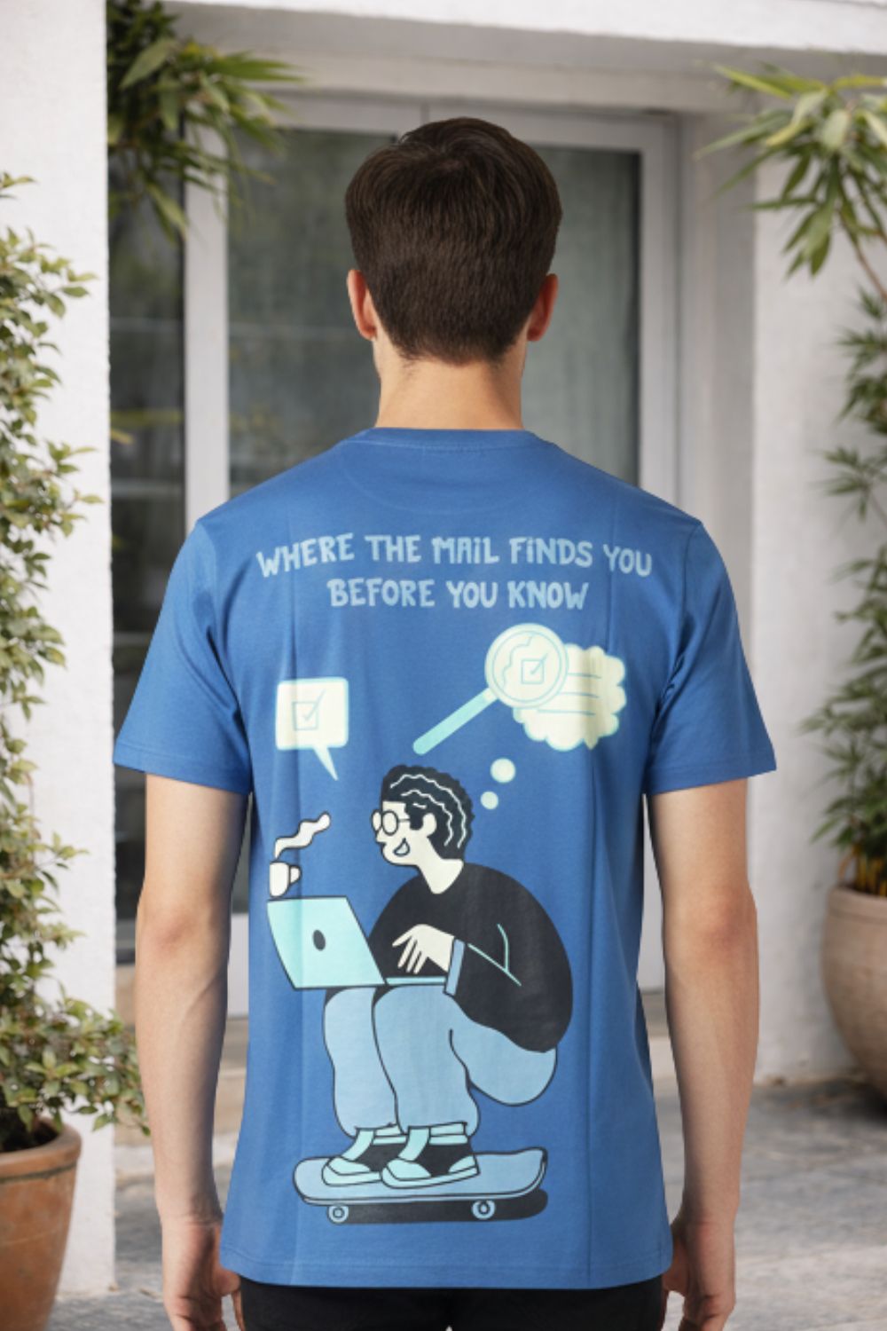 Enhance Men’s Cotton Graphic Printed T-Shirt | “Mailed It” Round Neck Half Sleeve Crew Neck Tee | Front & Back Print Skateboard Laptop Design | Everyday Casual Streetwear - Blue - TG10