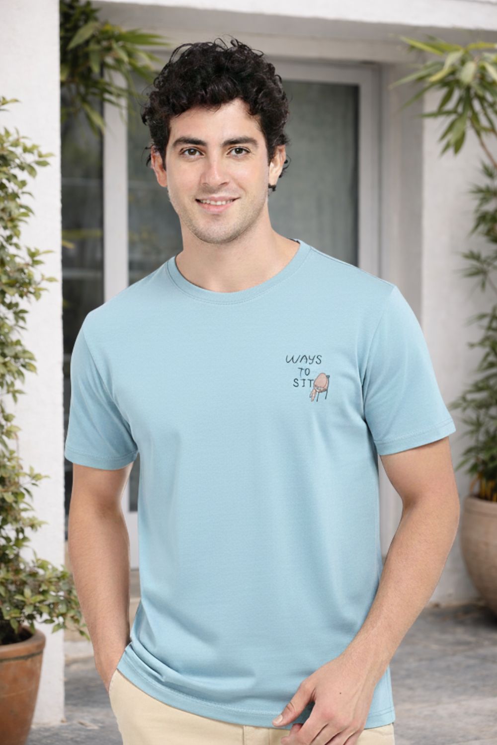 Enhance Men’s Cotton Graphic Printed T-Shirt | “Ways to Sit” Round Neck Half Sleeve Crew Neck Tee | Front & Back Print COMFORTZONE Design | Everyday Casual Streetwear - Blue - TG07