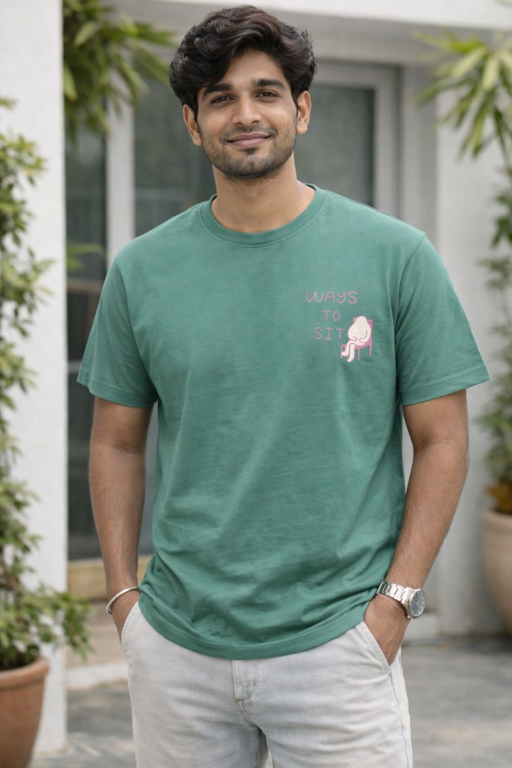 Enhance Men’s Cotton Graphic Printed T-Shirt | “Ways to Sit” Round Neck Half Sleeve Crew Neck Tee | Front & Back Print COMFORTZONE Design | Everyday Casual Streetwear - Green - TG07