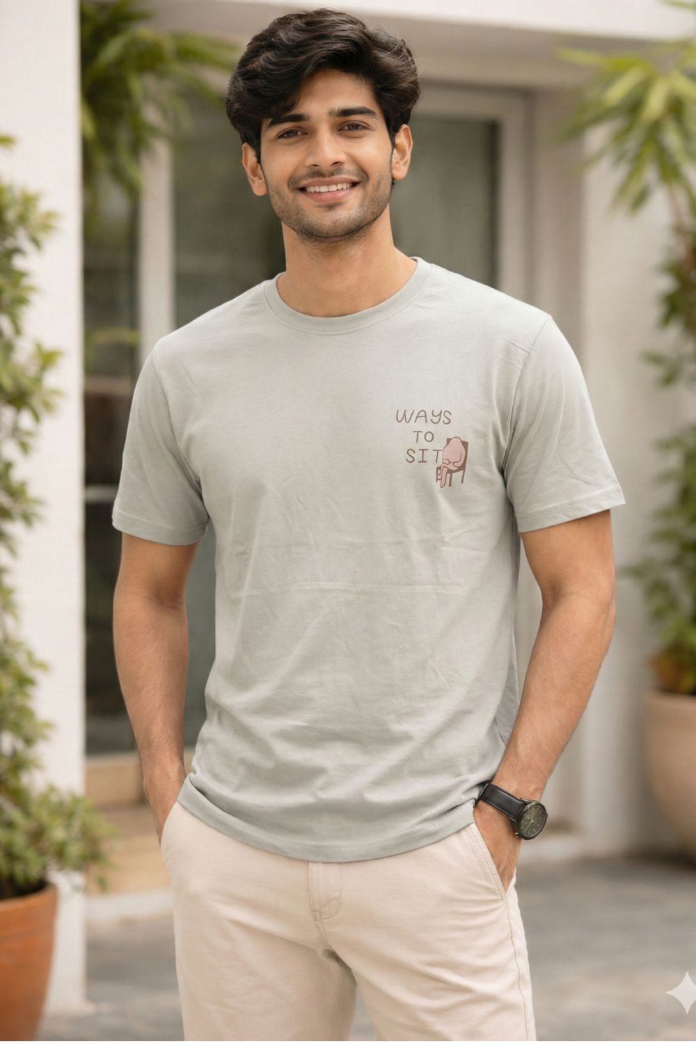 Enhance Men’s Cotton Graphic Printed T-Shirt | “Ways to Sit” Round Neck Half Sleeve Crew Neck Tee | Front & Back Print COMFORTZONE Design | Everyday Casual Streetwear - Light Grey - TG07