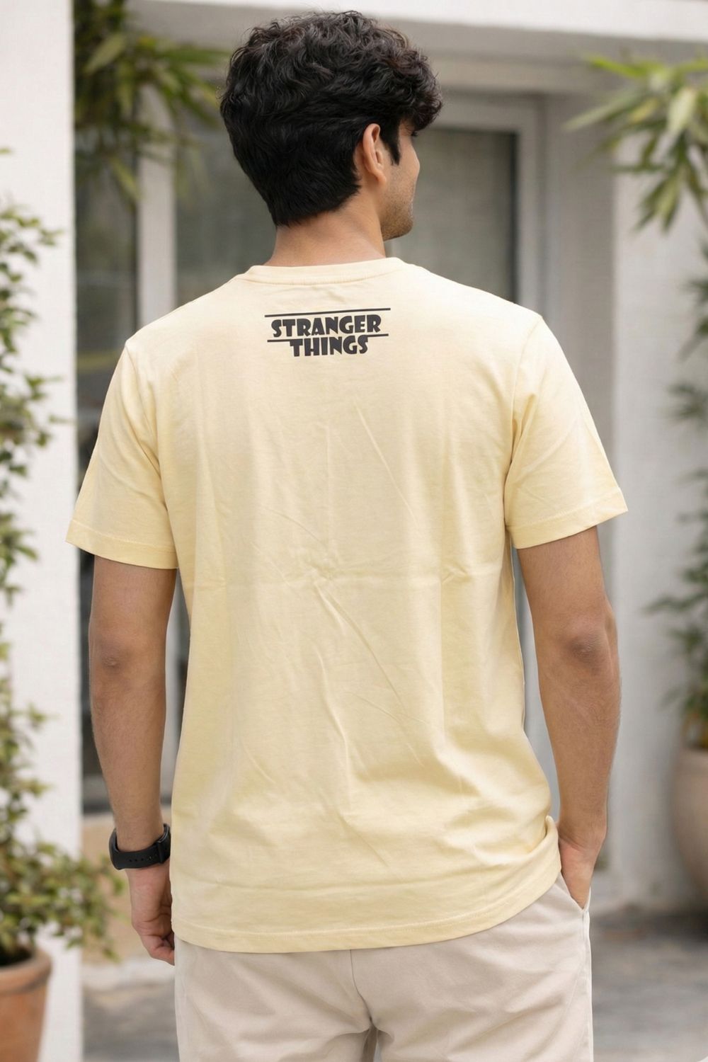Enhance Men’s Cotton Graphic Printed T-Shirt | “Stranger Things” Round Neck Half Sleeve Crew Neck Tee | Front & Back Print | Everyday Casual Streetwear - Cream - TG11