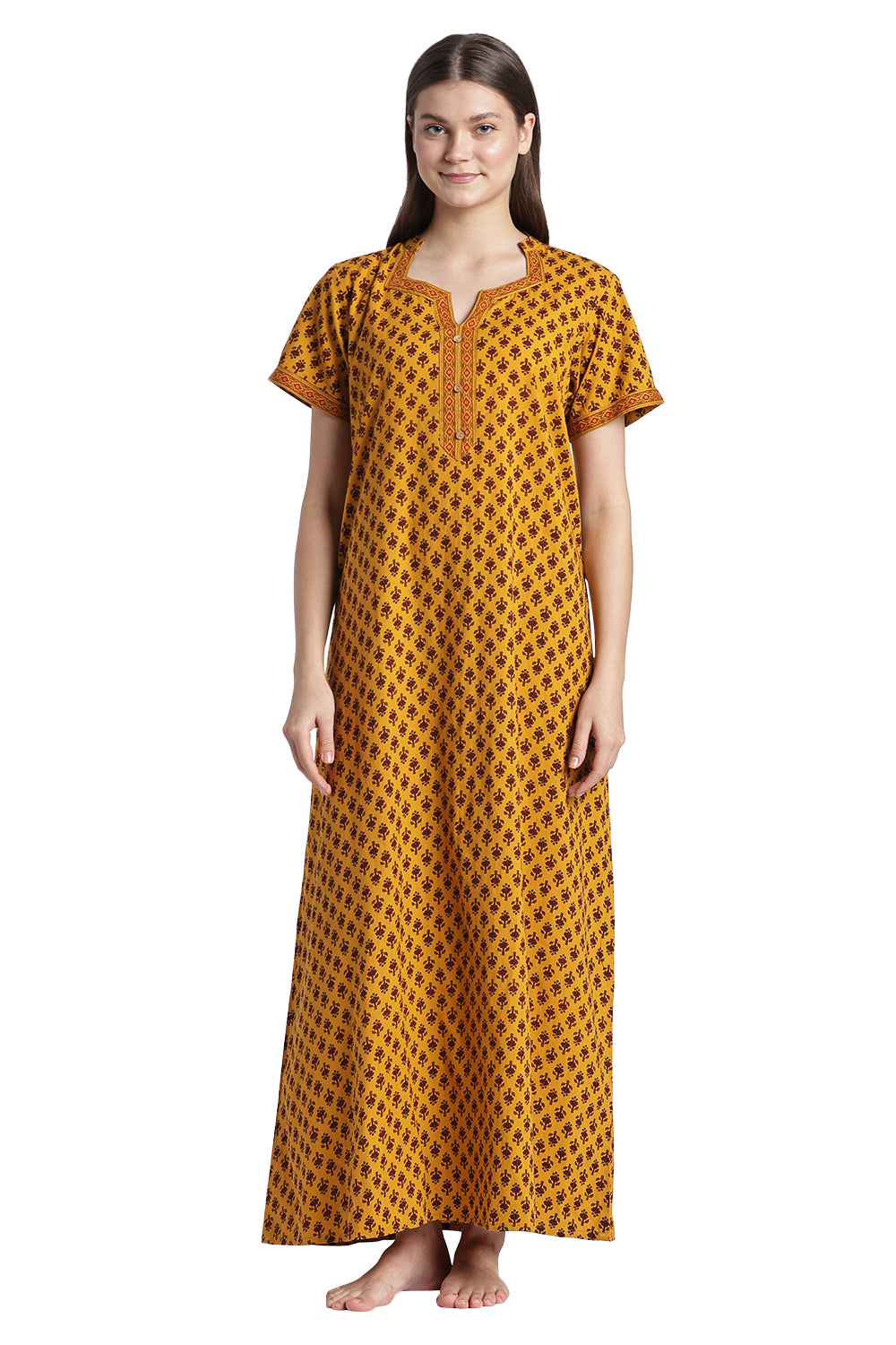 Naidu Hall Women’s Printed Cotton Nighty | Floral Block Print V-Neck Night Dress with Short Sleeves | Relaxed Fit Daily Wear & Sleepwear
- NB50
