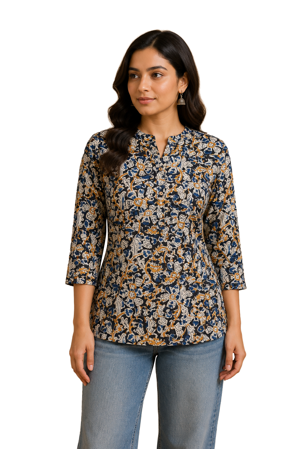 Women's Cotton Blend Printed Mandarin Collar Top | 3/4 Sleeve Casual Top for Women | Regular Fit Everyday Office & Casual Wear - JS25