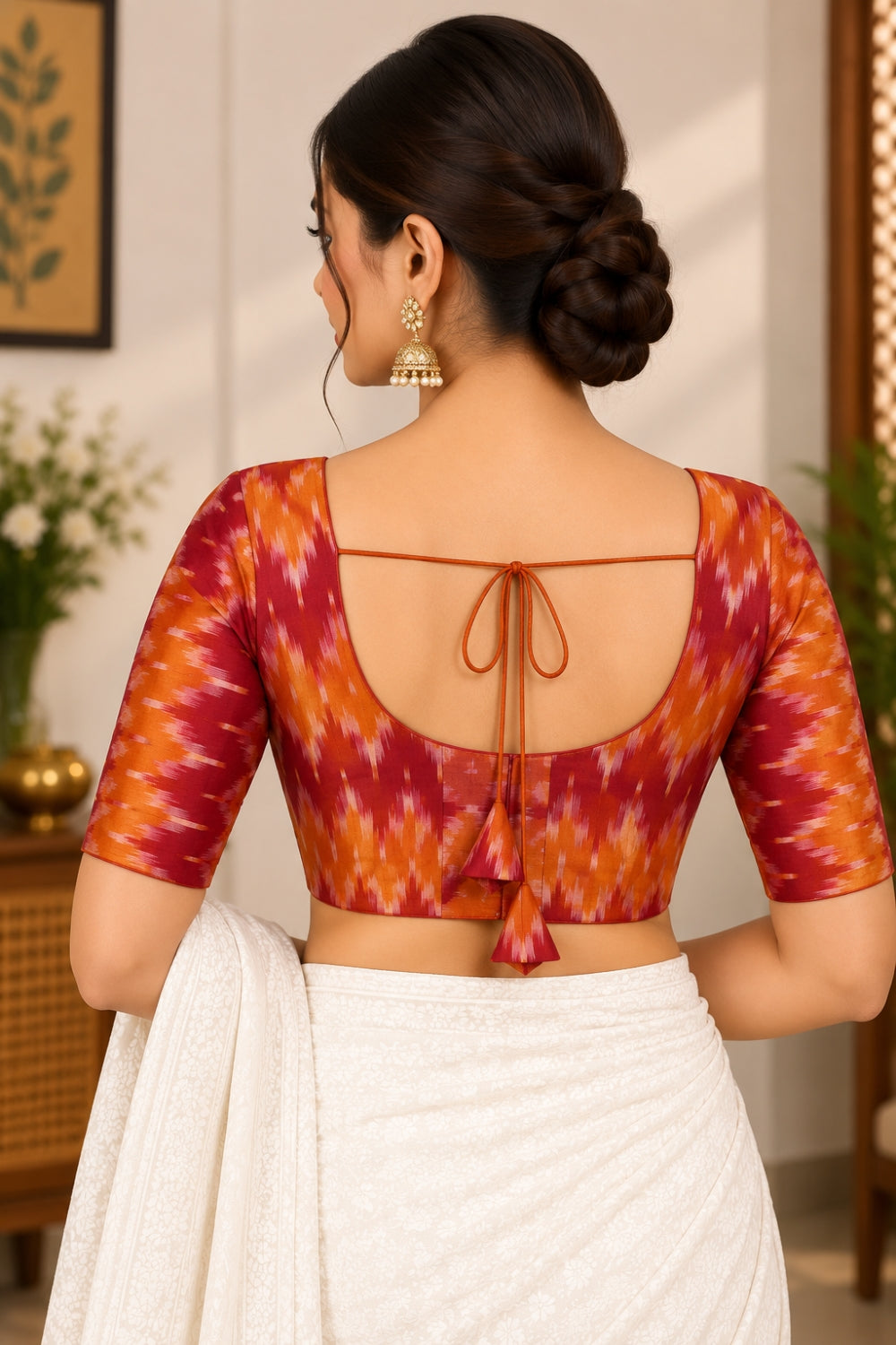 Women’s Padded Ikat Cotton Blend Readymade Saree Blouse | Square Neck Elbow Sleeve Blouse | 4410