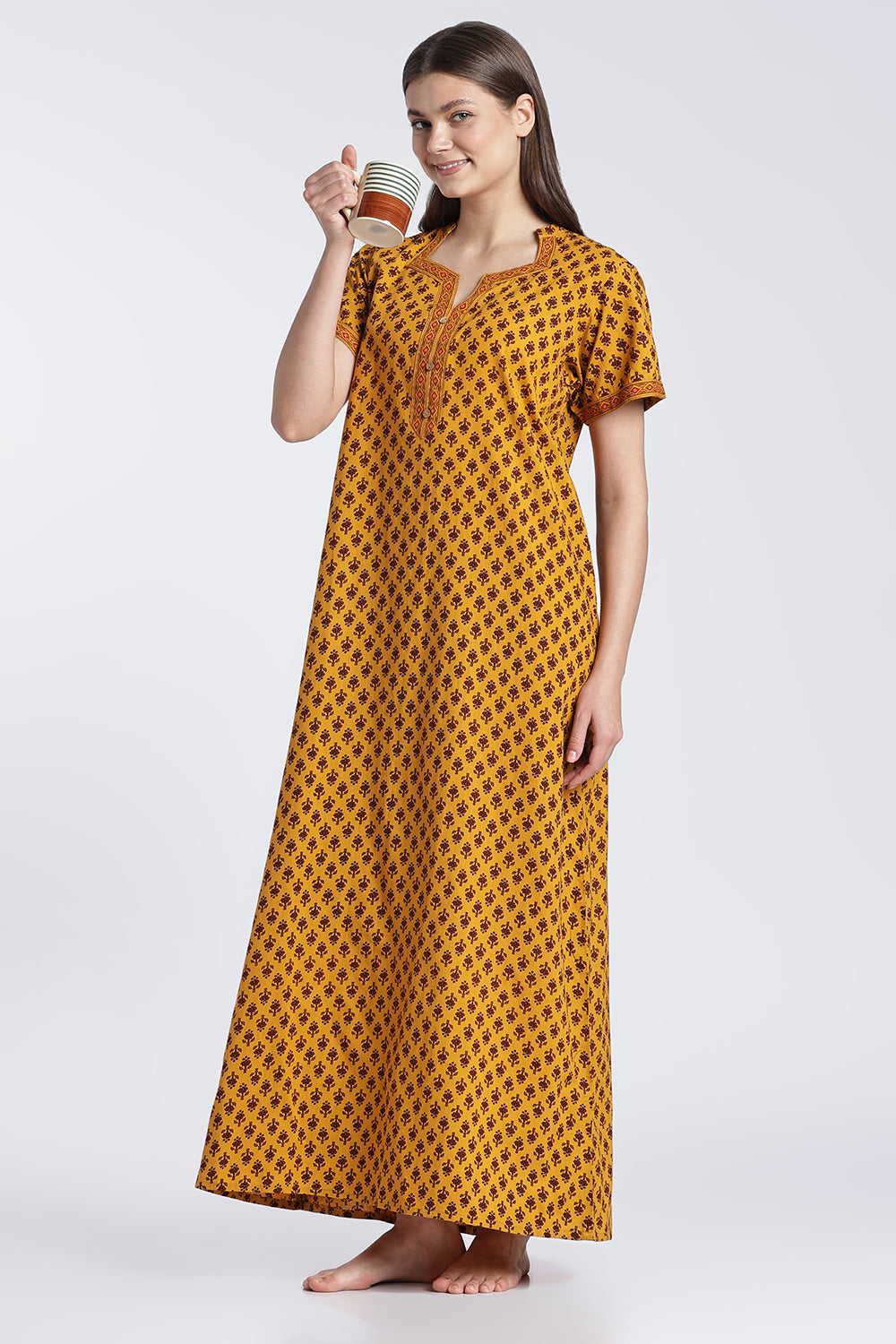 Naidu Hall Women’s Printed Cotton Nighty | Floral Block Print V-Neck Night Dress with Short Sleeves | Relaxed Fit Daily Wear & Sleepwear
- NB50