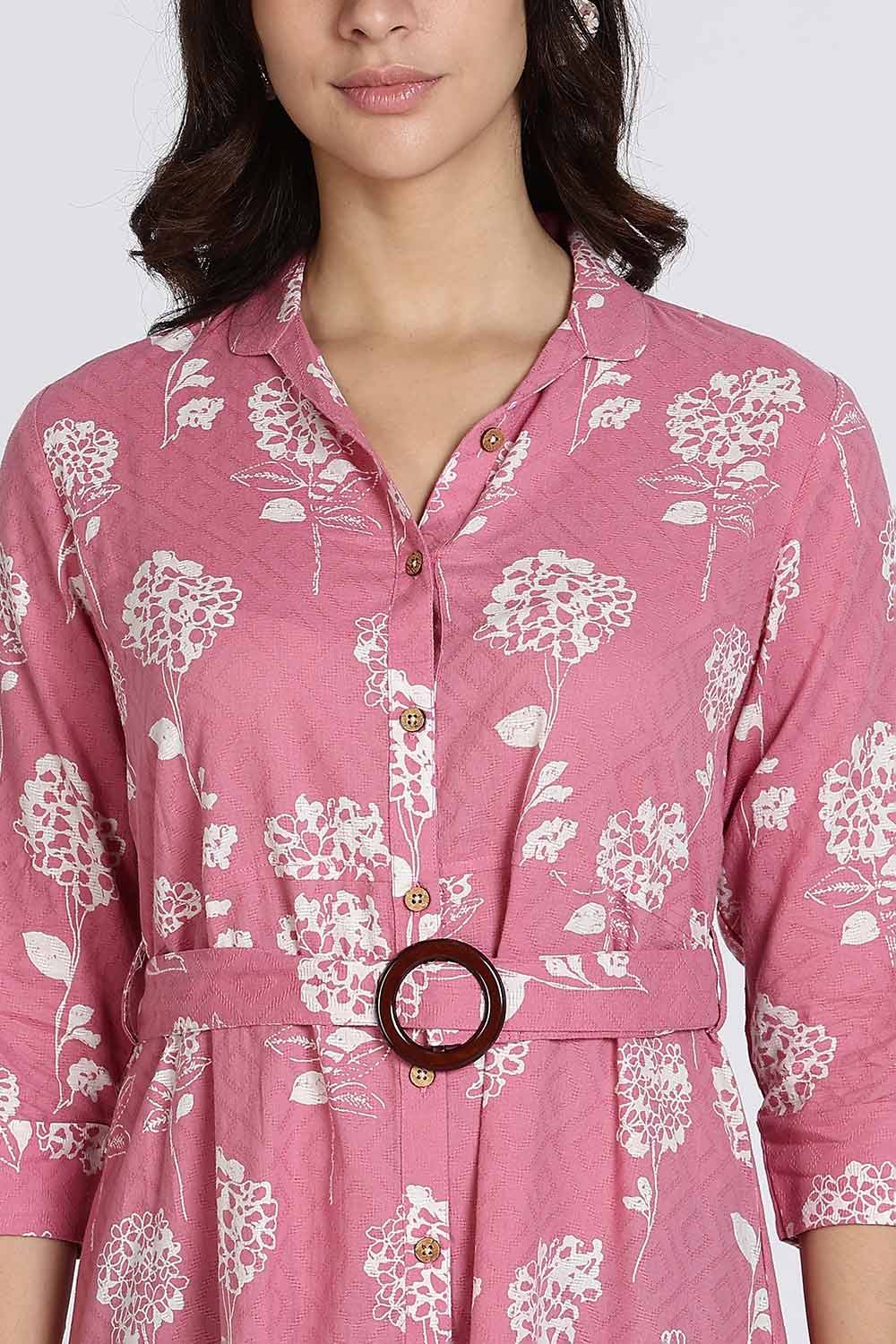 Mythri Women’s Dress Cotton Shirt Dress Casual Button Down Belted Midi Dress with Flare and Foldable Sleeves - Dark Pink - DR06