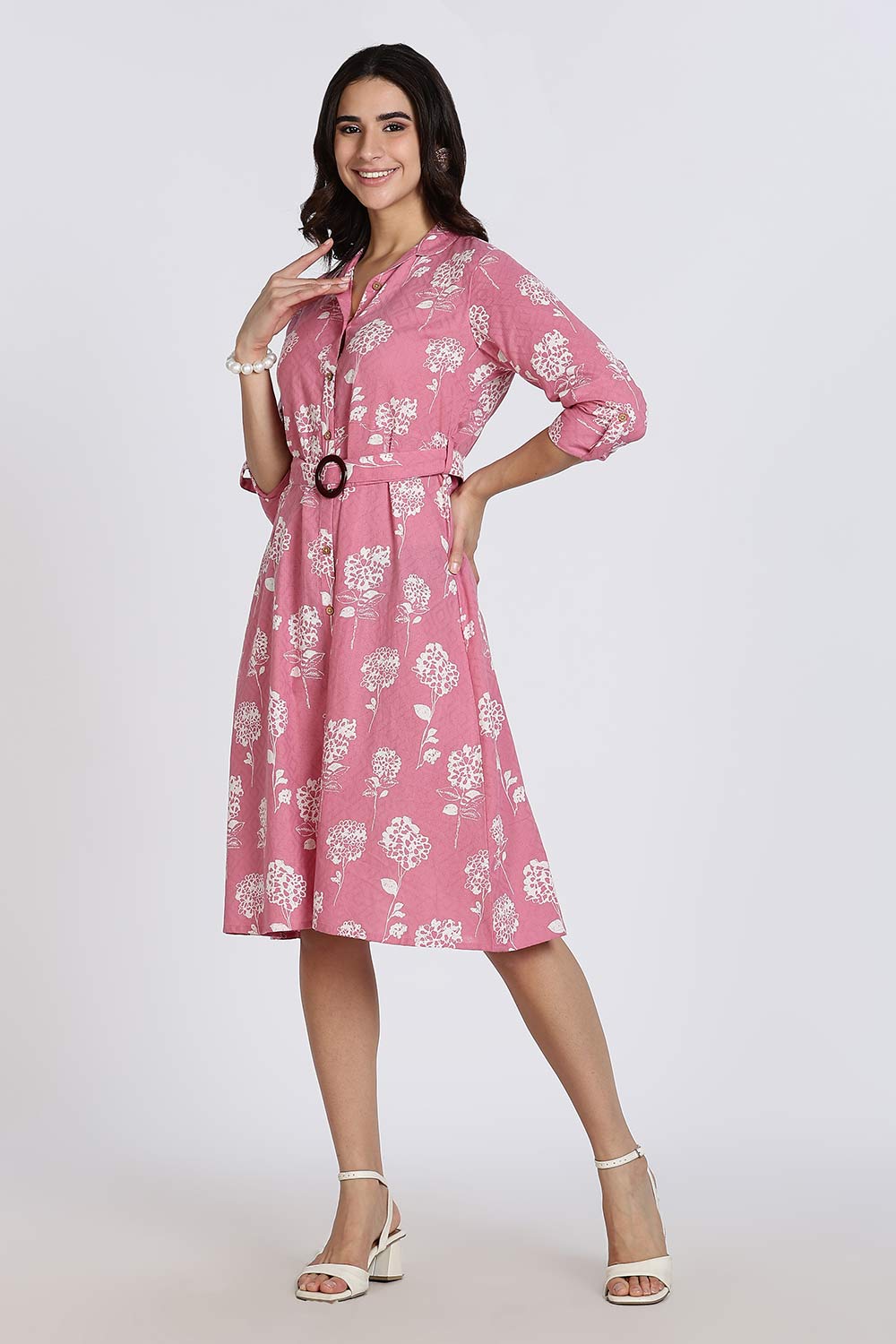 Mythri Women’s Dress Cotton Shirt Dress Casual Button Down Belted Midi Dress with Flare and Foldable Sleeves - Dark Pink - DR06