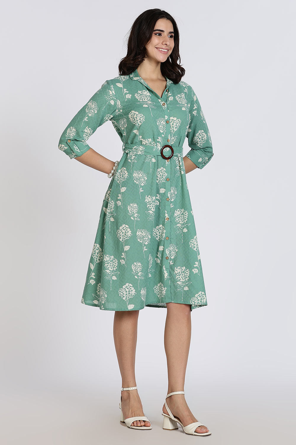Mythri Women’s Dress Cotton Shirt Dress Casual Button Down Belted Midi Dress with Flare and Foldable Sleeves - Green - DR06