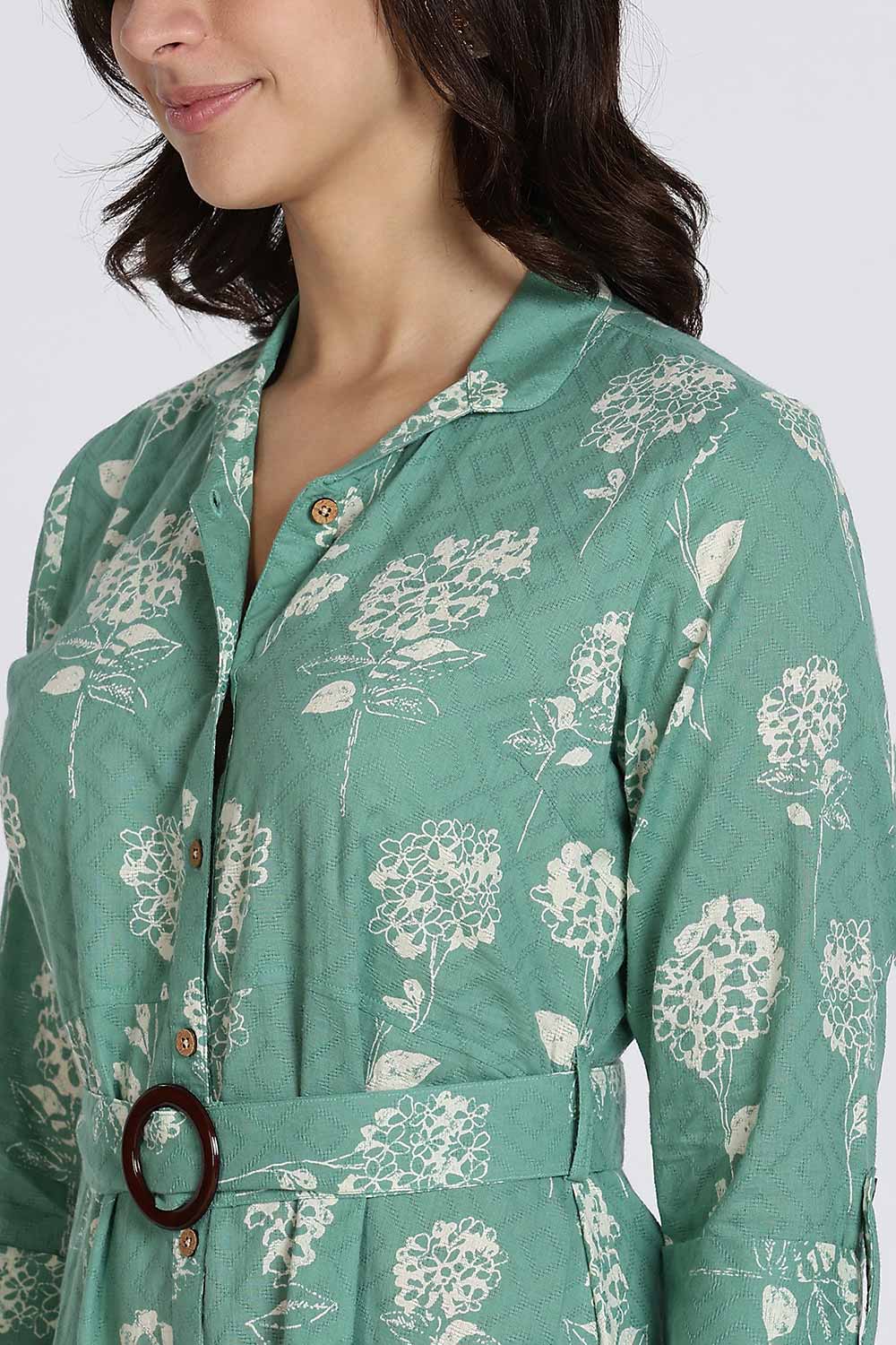 Mythri Women’s Dress Cotton Shirt Dress Casual Button Down Belted Midi Dress with Flare and Foldable Sleeves - Green - DR06
