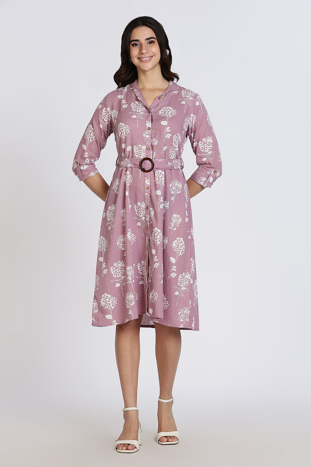 Mythri Women’s Dress Cotton Shirt Dress Casual Button Down Belted Midi Dress with Flare and Foldable Sleeves - Purple - DR06