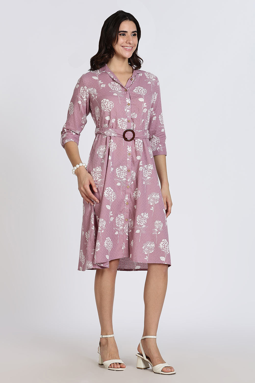 Mythri Women’s Dress Cotton Shirt Dress Casual Button Down Belted Midi Dress with Flare and Foldable Sleeves - Purple - DR06