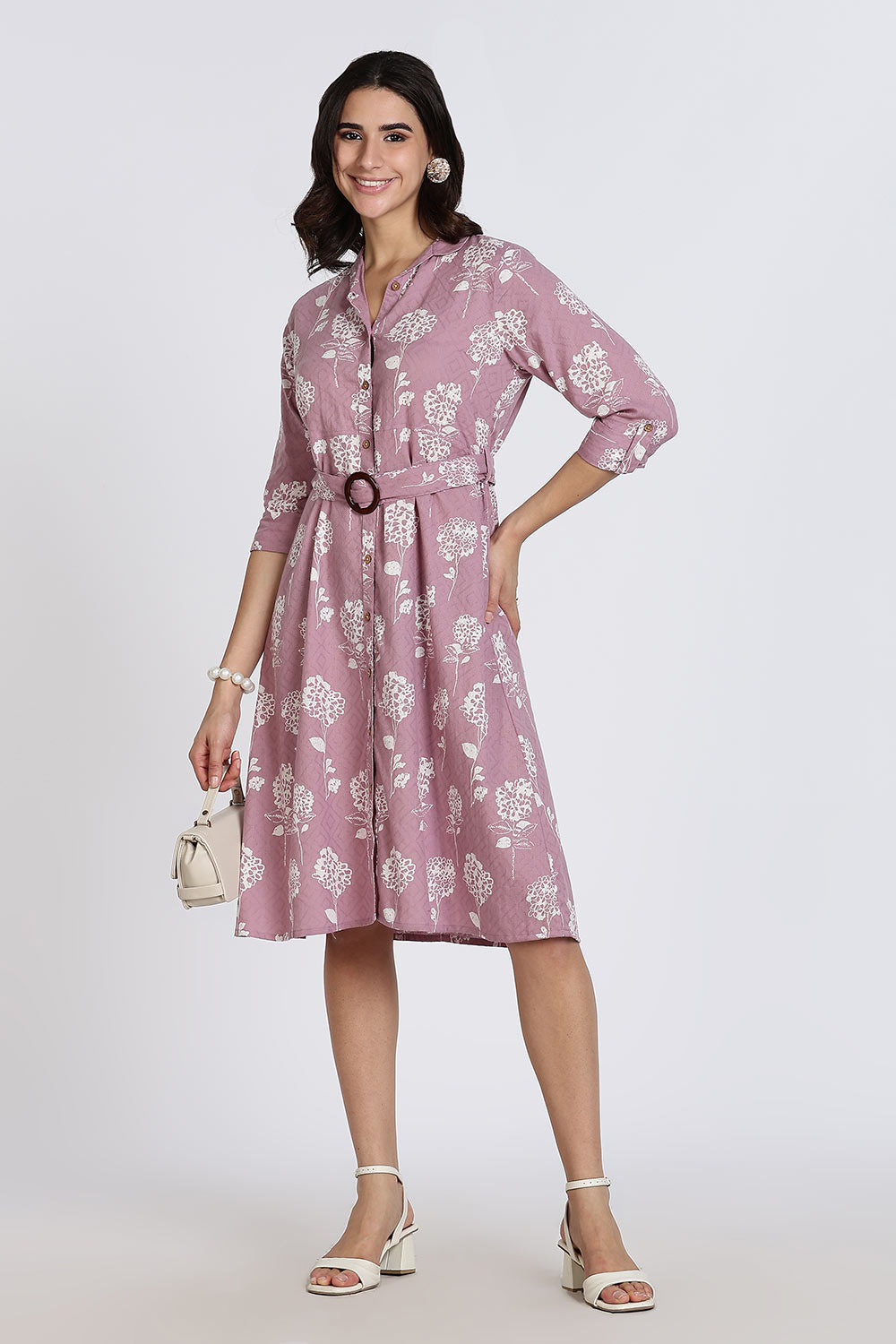 Mythri Women’s Dress Cotton Shirt Dress Casual Button Down Belted Midi Dress with Flare and Foldable Sleeves - Purple - DR06