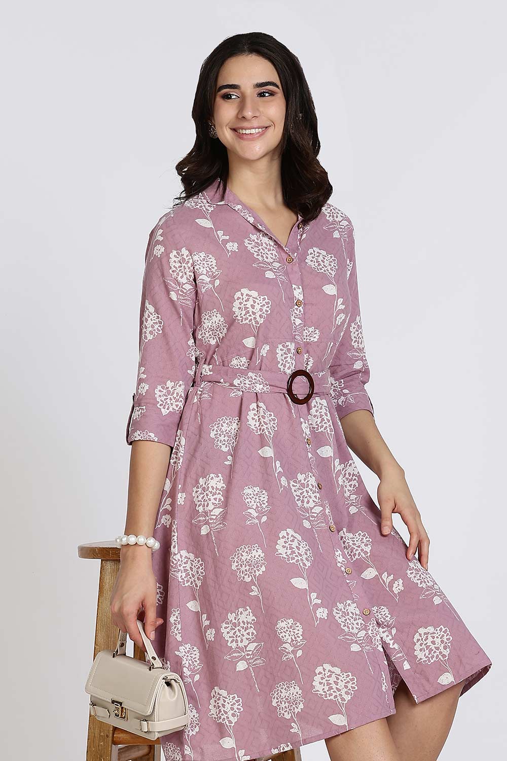 Mythri Women’s Dress Cotton Shirt Dress Casual Button Down Belted Midi Dress with Flare and Foldable Sleeves - Purple - DR06