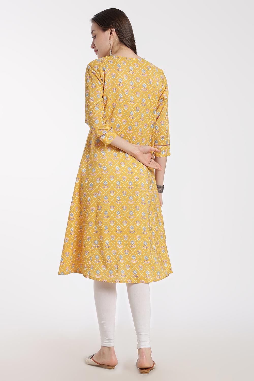 Mythri Women’s Cotton Chanderi Embroidered Kurti – V-Neck 3/4 Sleeve Butta Print Kurti with Contrast Piping | Everyday Ethnic Kurti for Women - 1203