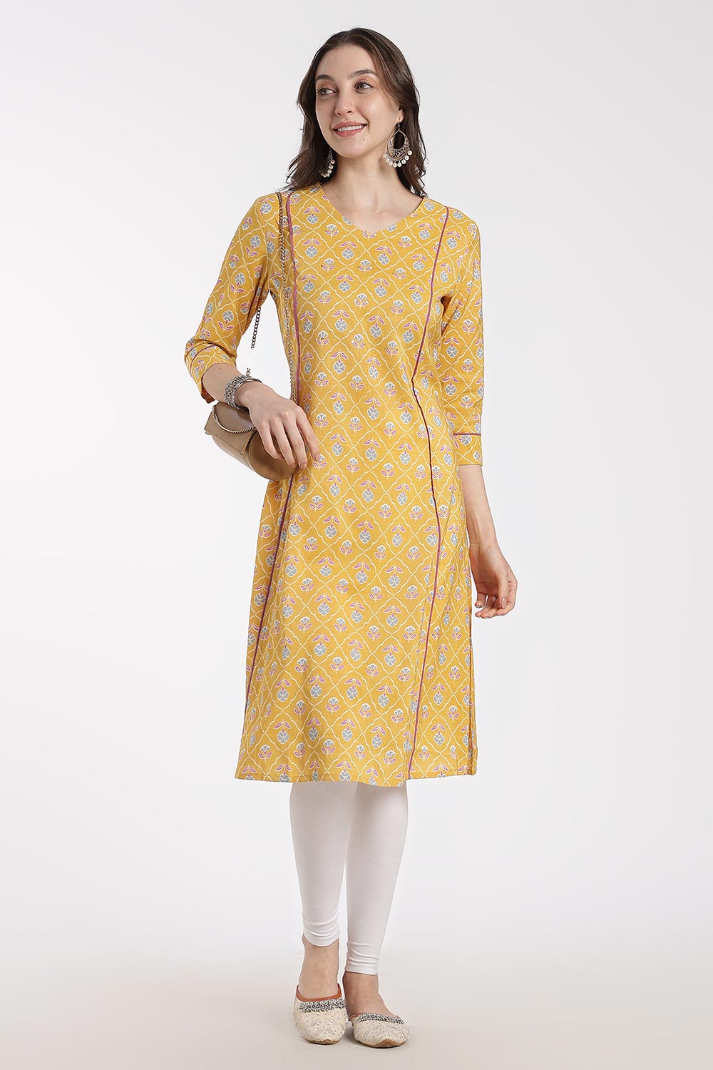 Mythri Women’s Cotton Chanderi Embroidered Kurti – V-Neck 3/4 Sleeve Butta Print Kurti with Contrast Piping | Everyday Ethnic Kurti for Women - 1203