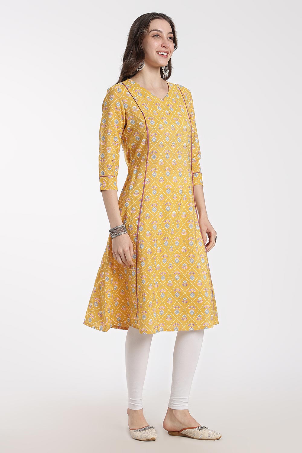 Mythri Women’s Cotton Chanderi Embroidered Kurti – V-Neck 3/4 Sleeve Butta Print Kurti with Contrast Piping | Everyday Ethnic Kurti for Women - 1203