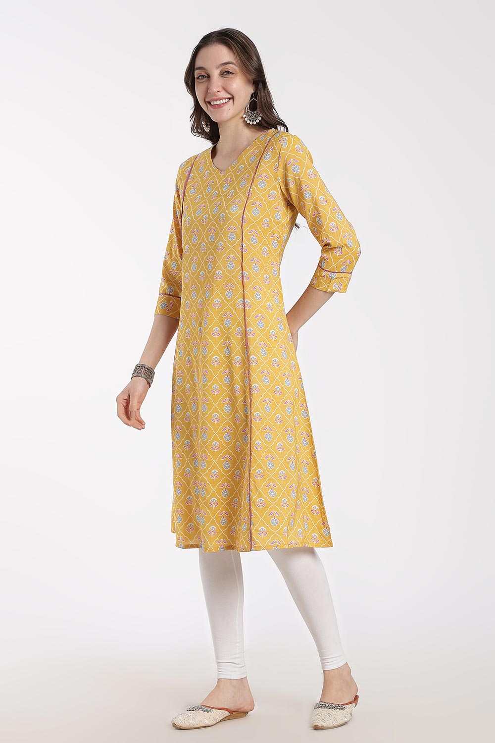 Mythri Women’s Cotton Chanderi Embroidered Kurti – V-Neck 3/4 Sleeve Butta Print Kurti with Contrast Piping | Everyday Ethnic Kurti for Women - 1203