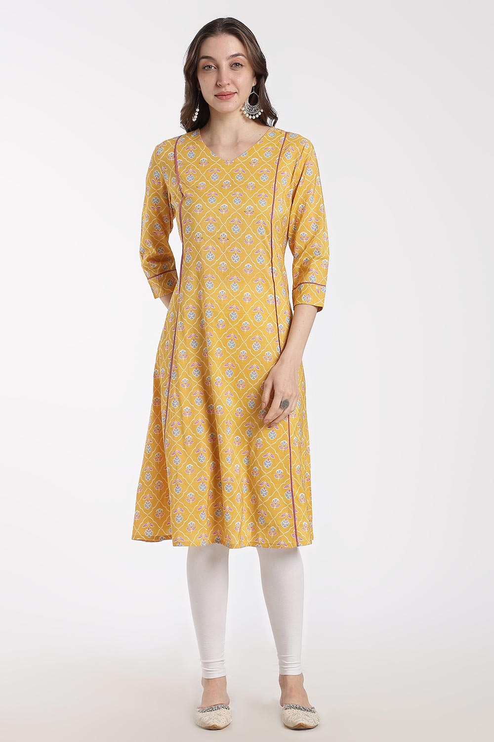 Mythri Women’s Cotton Chanderi Embroidered Kurti – V-Neck 3/4 Sleeve Butta Print Kurti with Contrast Piping | Everyday Ethnic Kurti for Women - 1203