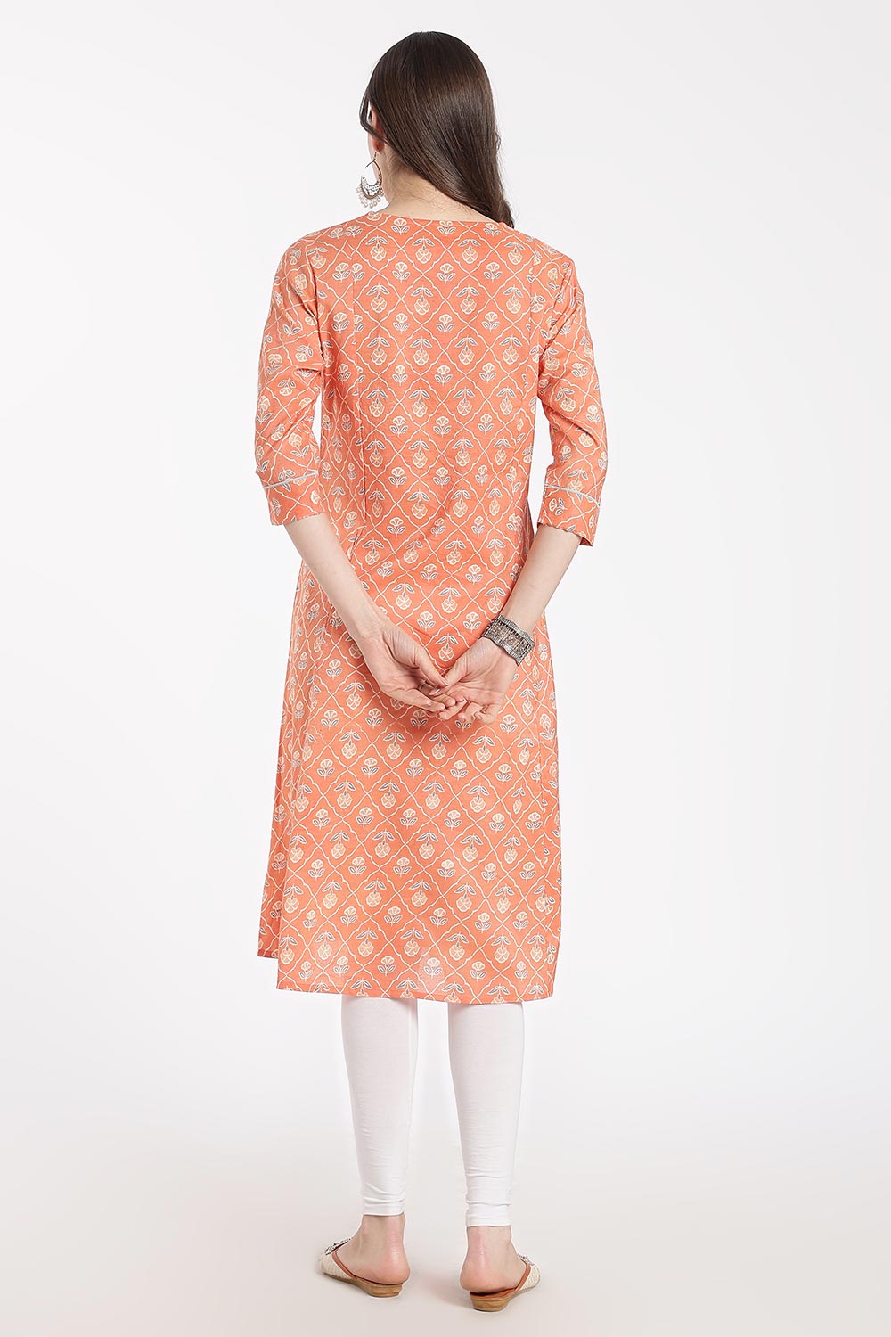 Mythri Women’s Cotton Chanderi Embroidered Kurti – V-Neck 3/4 Sleeve Butta Print Kurti with Contrast Piping | Everyday Ethnic Kurti for Women - 1204