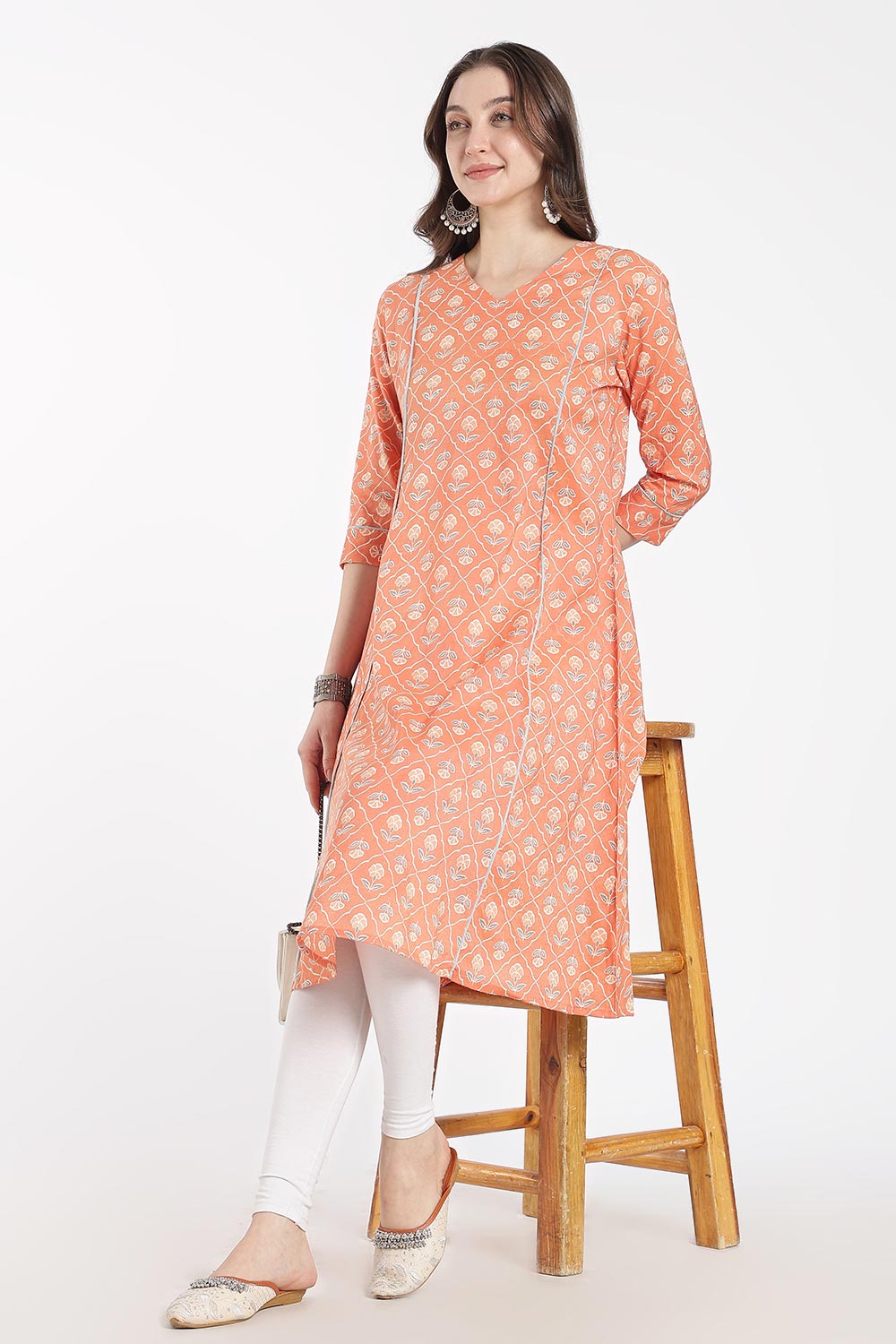 Mythri Women’s Cotton Chanderi Embroidered Kurti – V-Neck 3/4 Sleeve Butta Print Kurti with Contrast Piping | Everyday Ethnic Kurti for Women - 1204