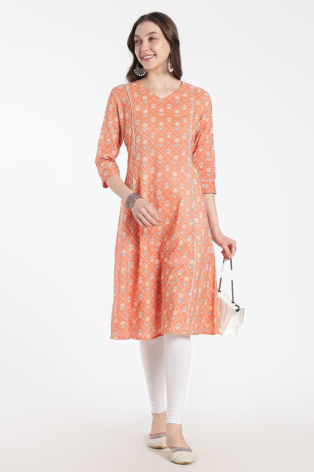 Mythri Women’s Cotton Chanderi Embroidered Kurti – V-Neck 3/4 Sleeve Butta Print Kurti with Contrast Piping | Everyday Ethnic Kurti for Women - 1204