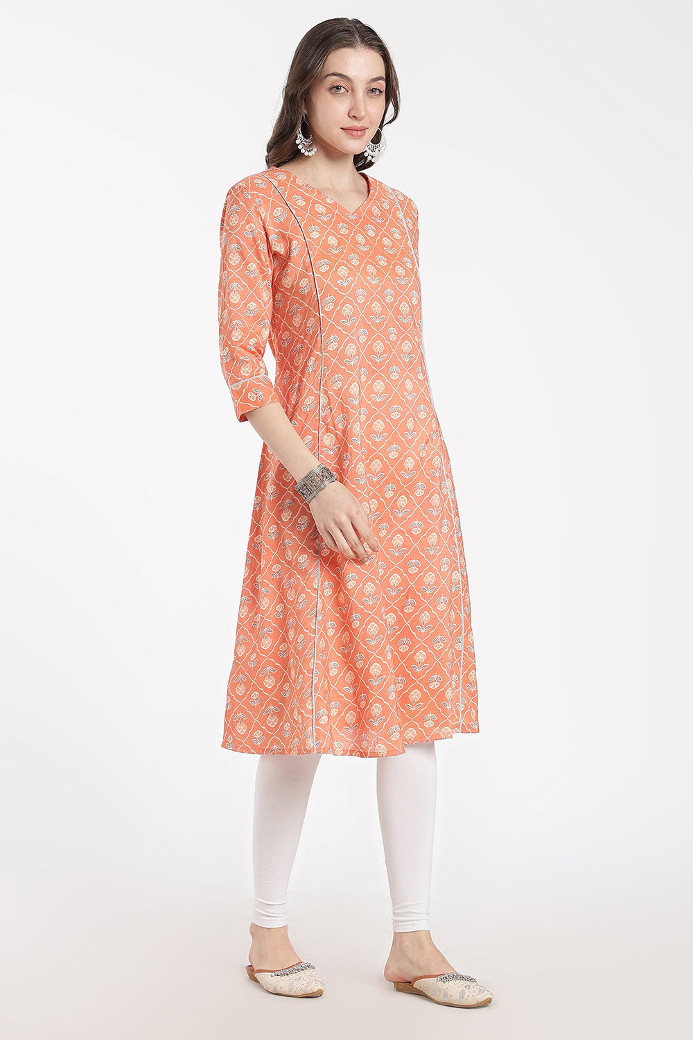 Mythri Women’s Cotton Chanderi Embroidered Kurti – V-Neck 3/4 Sleeve Butta Print Kurti with Contrast Piping | Everyday Ethnic Kurti for Women - 1204