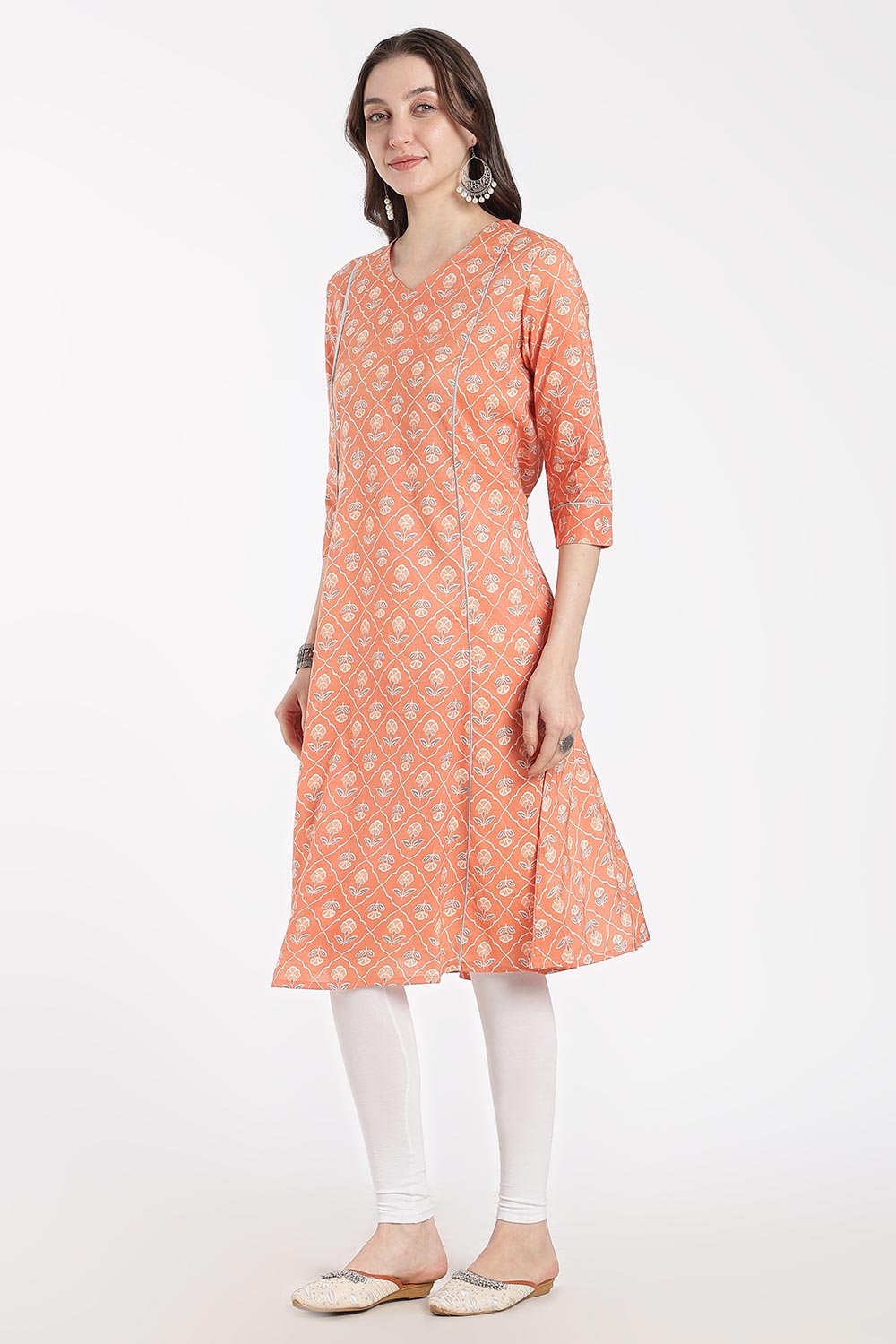 Mythri Women’s Cotton Chanderi Embroidered Kurti – V-Neck 3/4 Sleeve Butta Print Kurti with Contrast Piping | Everyday Ethnic Kurti for Women - 1204