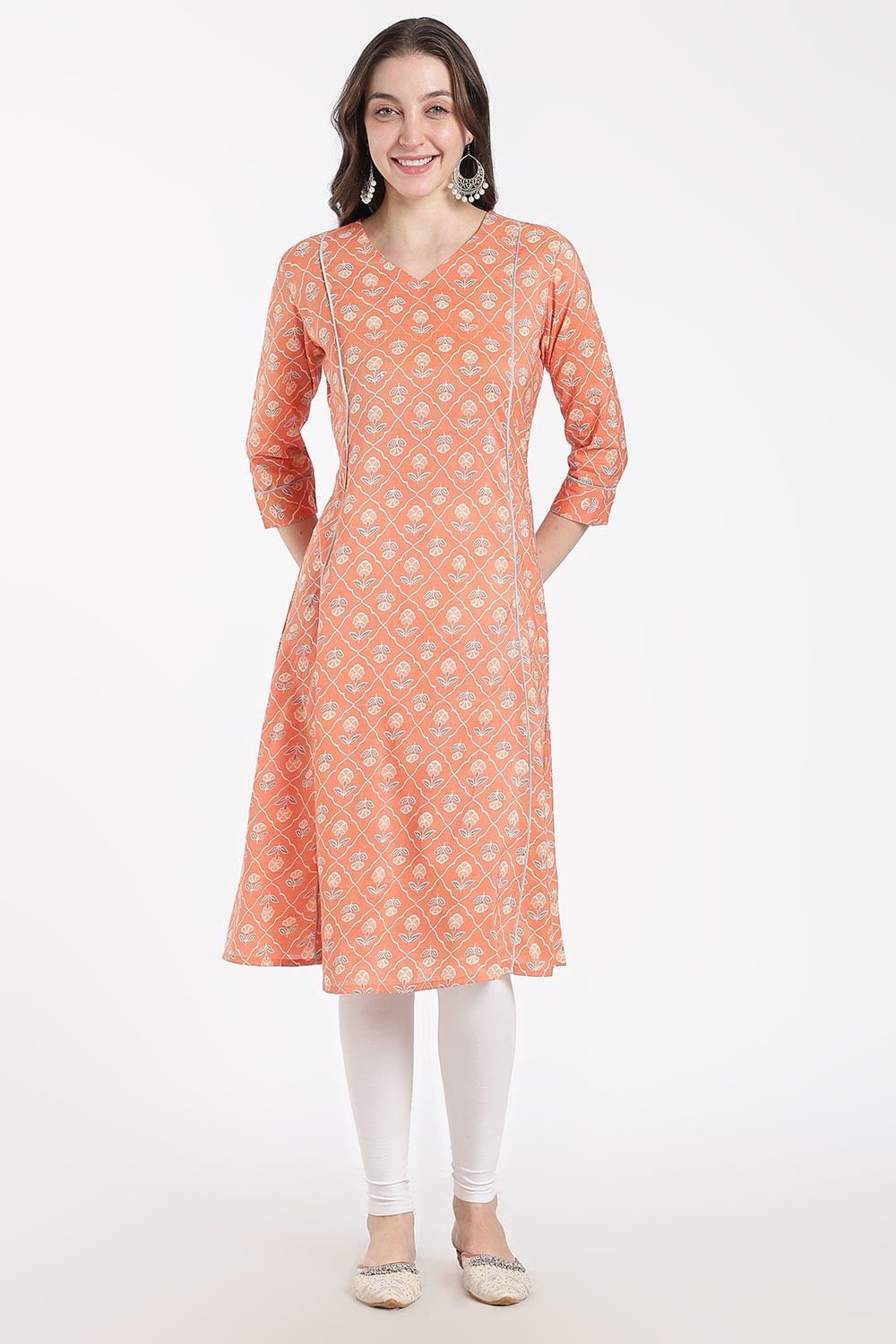 Mythri Women’s Cotton Chanderi Embroidered Kurti – V-Neck 3/4 Sleeve Butta Print Kurti with Contrast Piping | Everyday Ethnic Kurti for Women - 1204