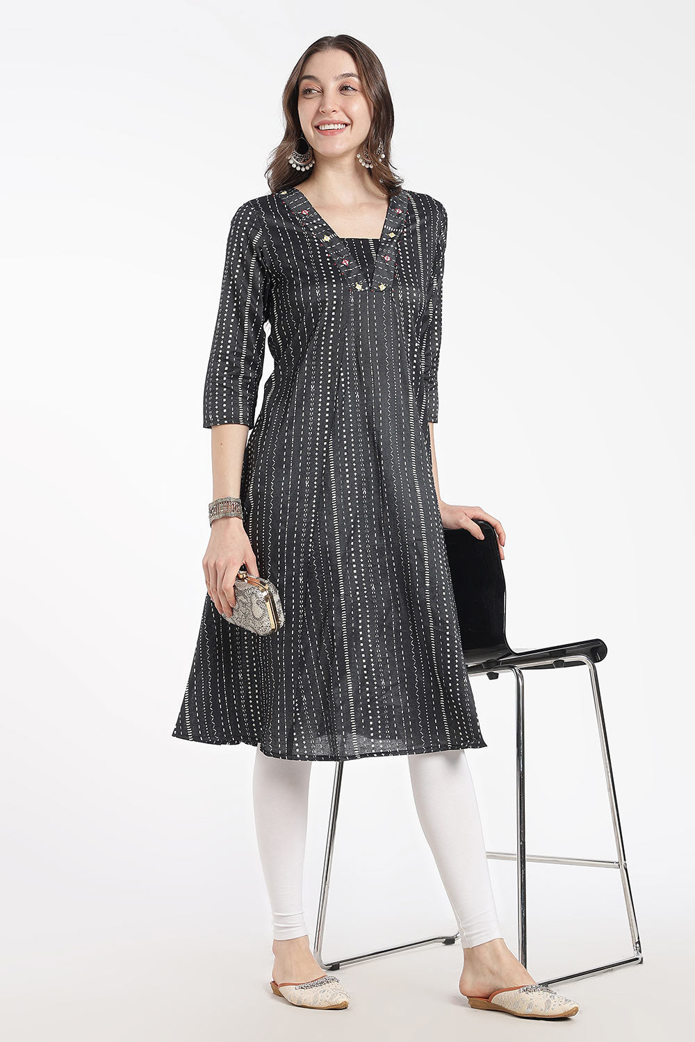 Mythri Women’s Cotton Chanderi Embroidered Kurti – V-Neck 3/4 Sleeve Butta Print Ethnic Kurti for Women | Everyday Cotton Kurti - 1206