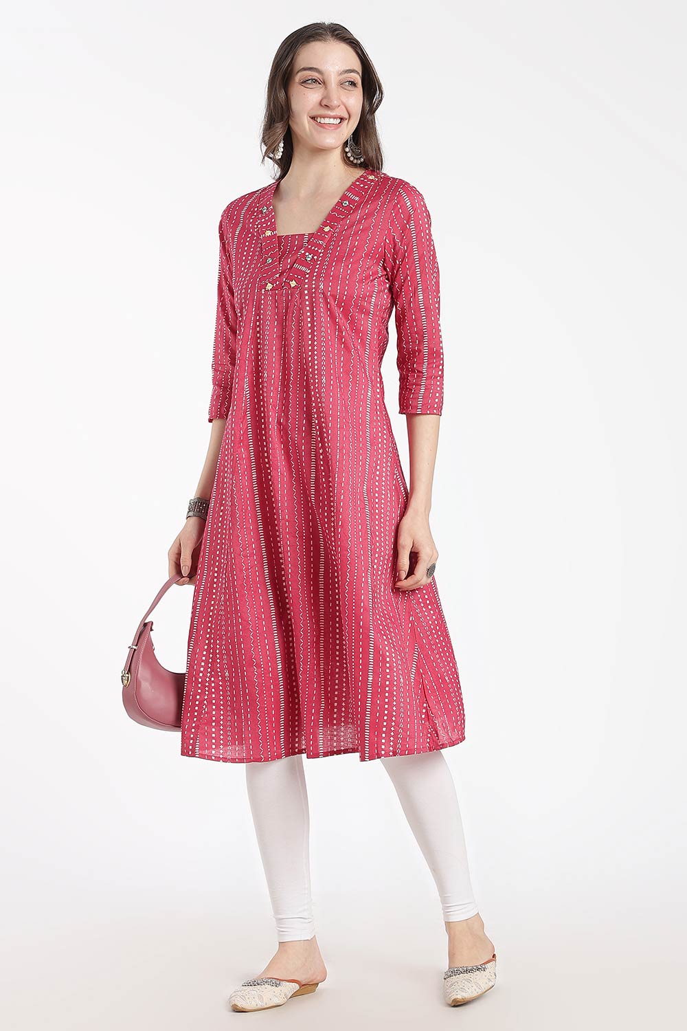 Mythri Women’s Cotton Chanderi Embroidered Kurti – V-Neck 3/4 Sleeve Butta Print Ethnic Kurti for Women | Everyday Cotton Kurti - 1205