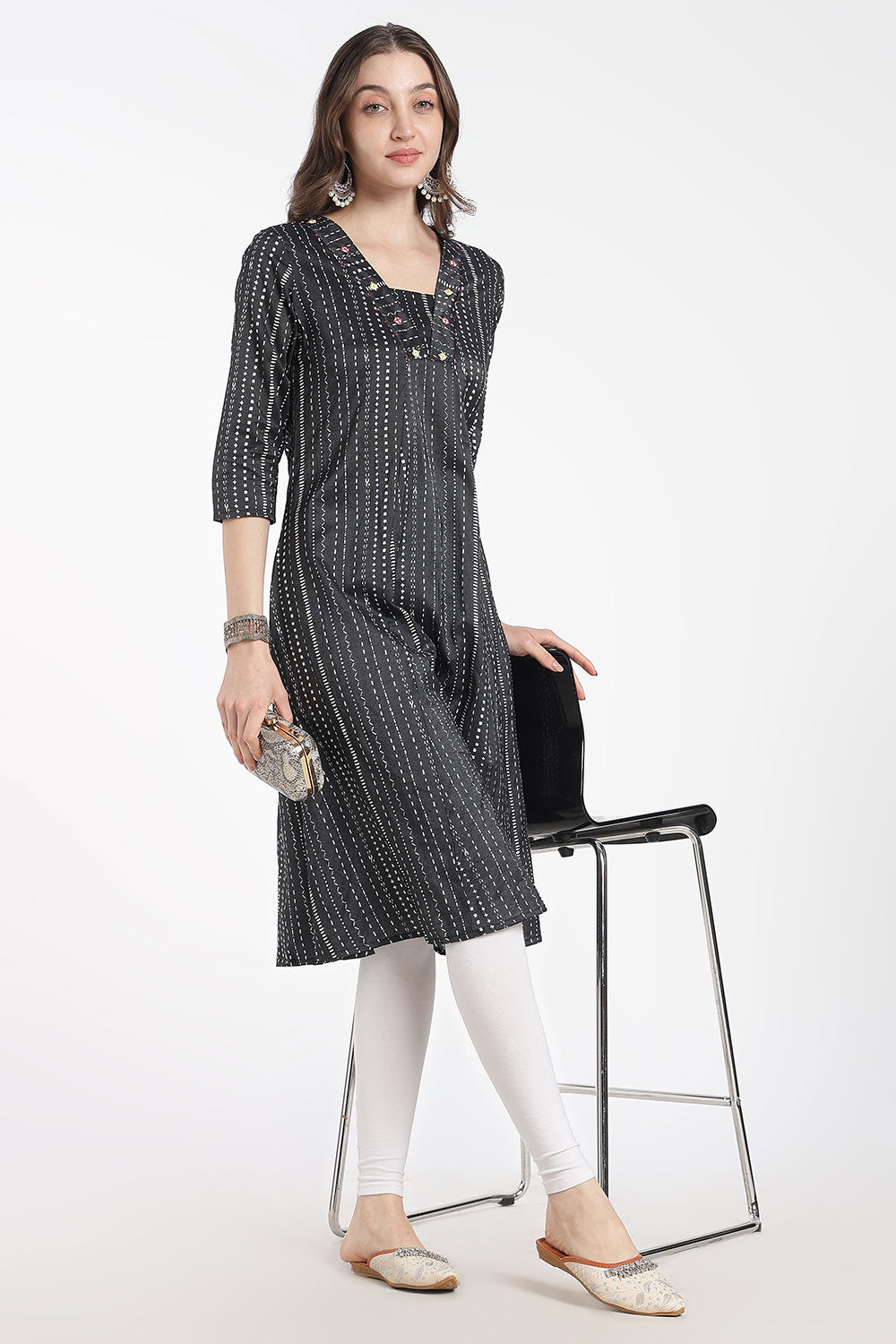 Mythri Women’s Cotton Chanderi Embroidered Kurti – V-Neck 3/4 Sleeve Butta Print Ethnic Kurti for Women | Everyday Cotton Kurti - 1206