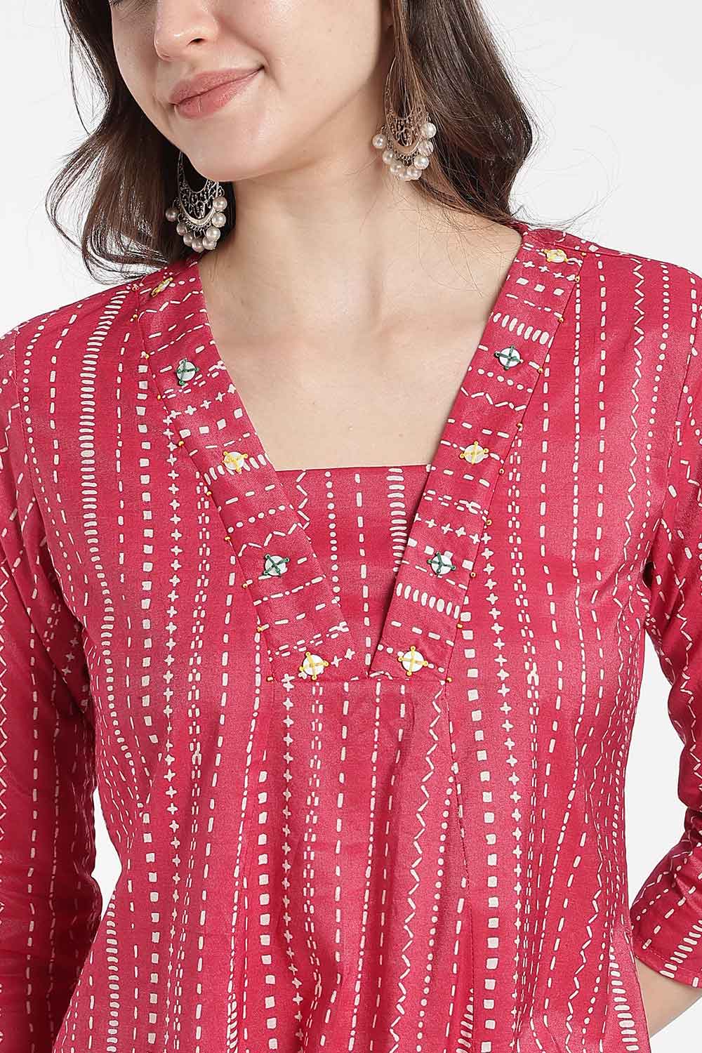 Mythri Women’s Cotton Chanderi Embroidered Kurti – V-Neck 3/4 Sleeve Butta Print Ethnic Kurti for Women | Everyday Cotton Kurti - 1205