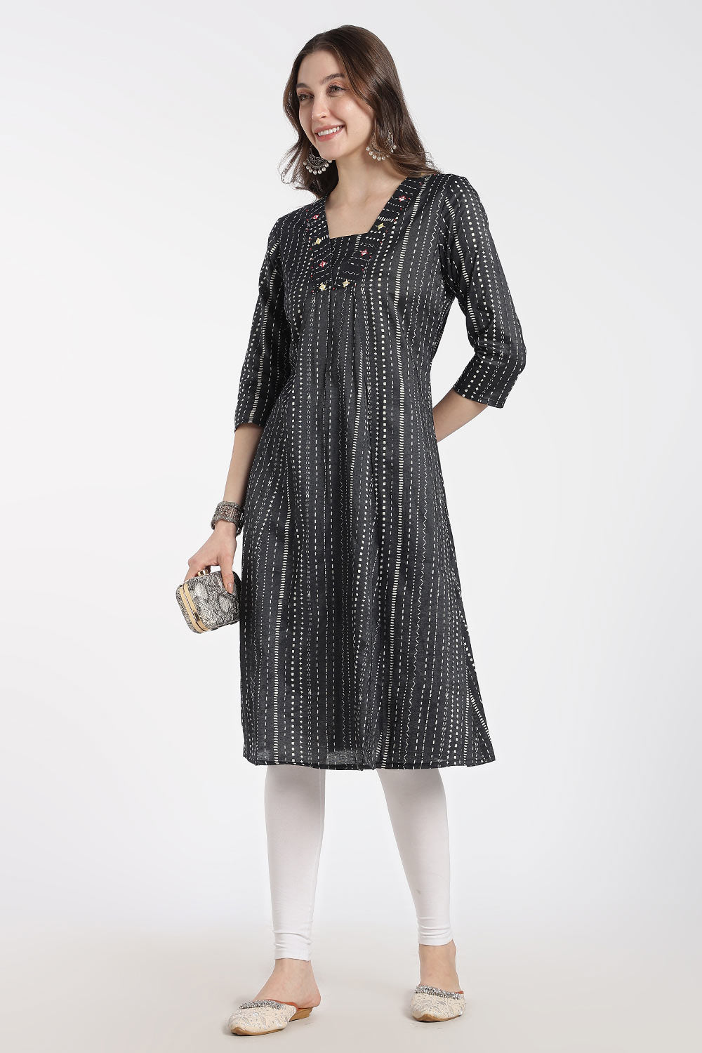 Mythri Women’s Cotton Chanderi Embroidered Kurti – V-Neck 3/4 Sleeve Butta Print Ethnic Kurti for Women | Everyday Cotton Kurti - 1206