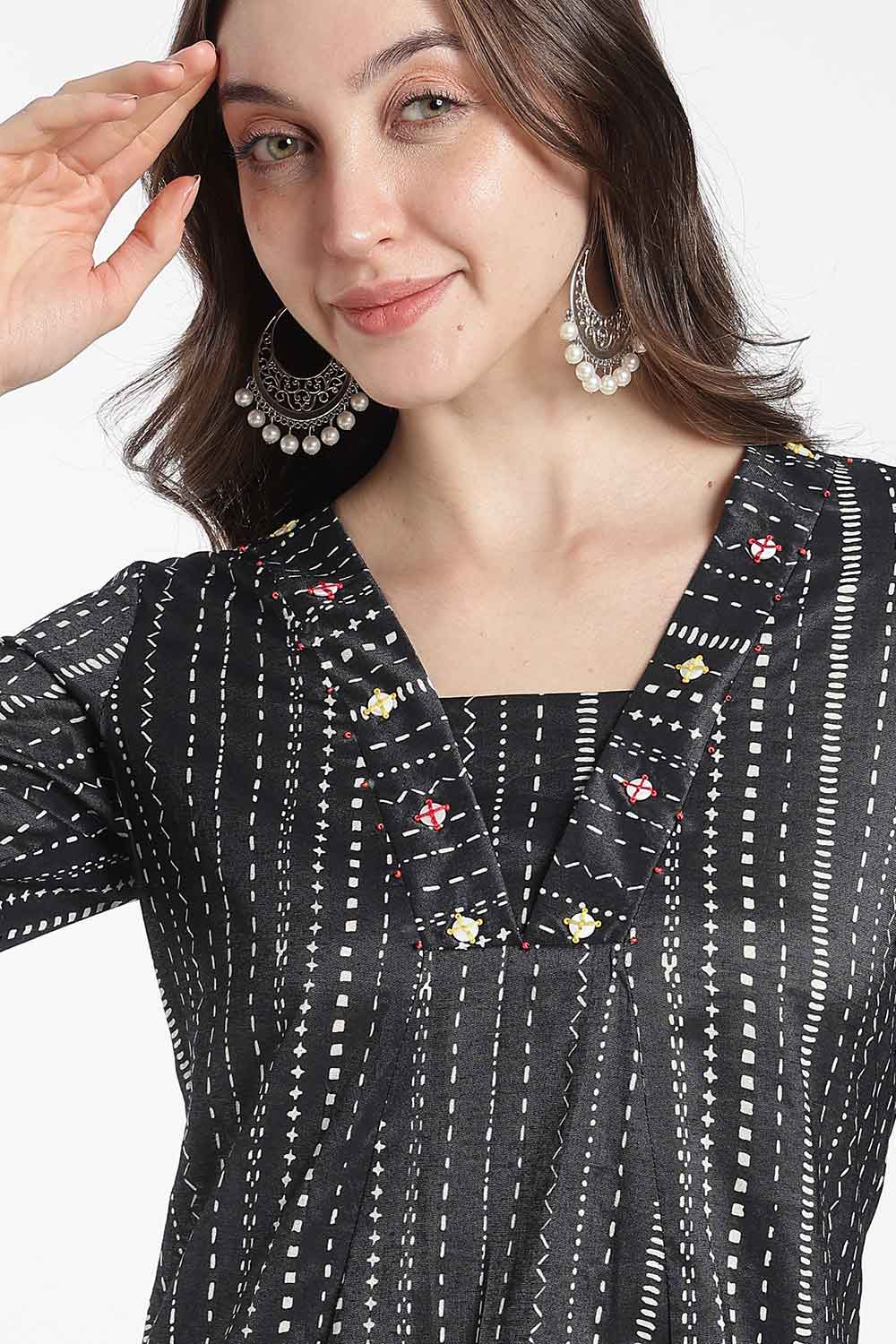 Mythri Women’s Cotton Chanderi Embroidered Kurti – V-Neck 3/4 Sleeve Butta Print Ethnic Kurti for Women | Everyday Cotton Kurti - 1206