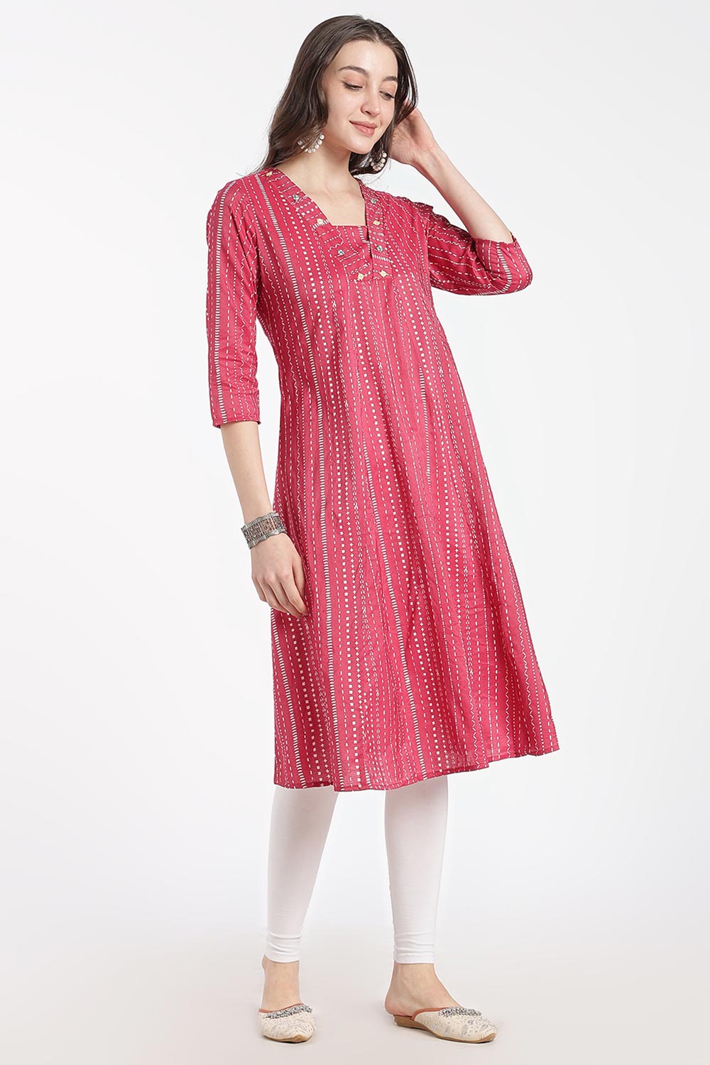 Mythri Women’s Cotton Chanderi Embroidered Kurti – V-Neck 3/4 Sleeve Butta Print Ethnic Kurti for Women | Everyday Cotton Kurti - 1205