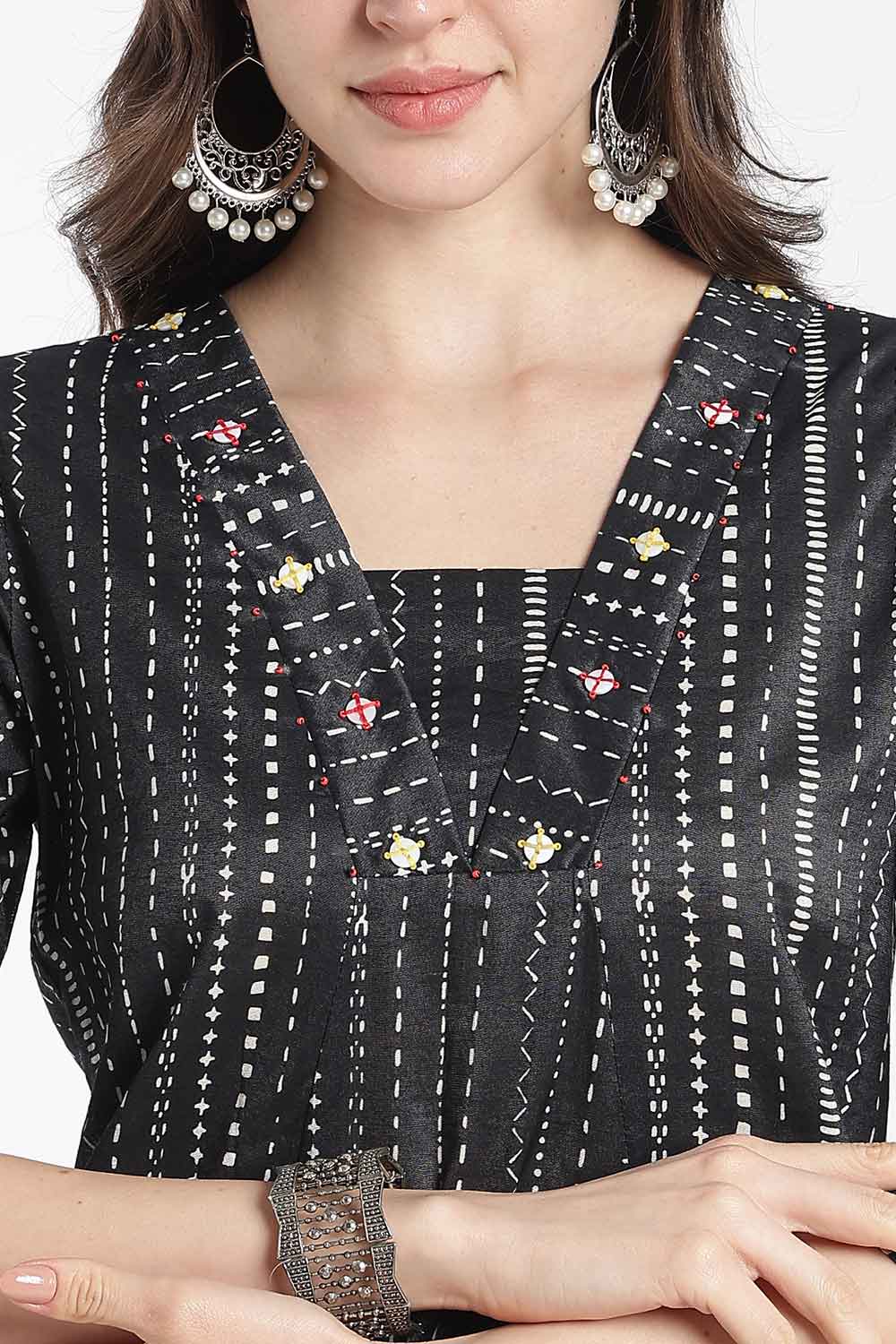 Mythri Women’s Cotton Chanderi Embroidered Kurti – V-Neck 3/4 Sleeve Butta Print Ethnic Kurti for Women | Everyday Cotton Kurti - 1206