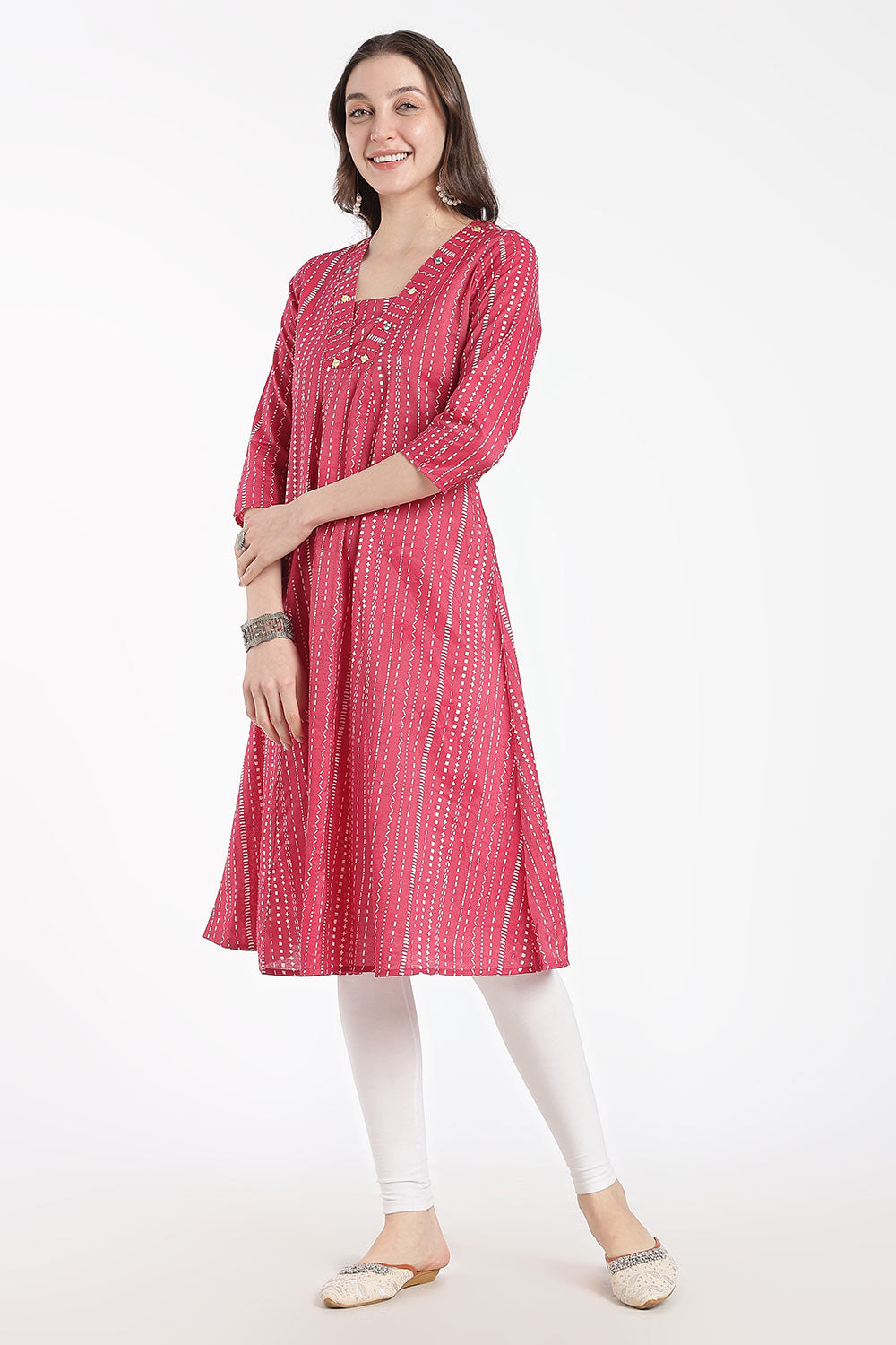 Mythri Women’s Cotton Chanderi Embroidered Kurti – V-Neck 3/4 Sleeve Butta Print Ethnic Kurti for Women | Everyday Cotton Kurti - 1205