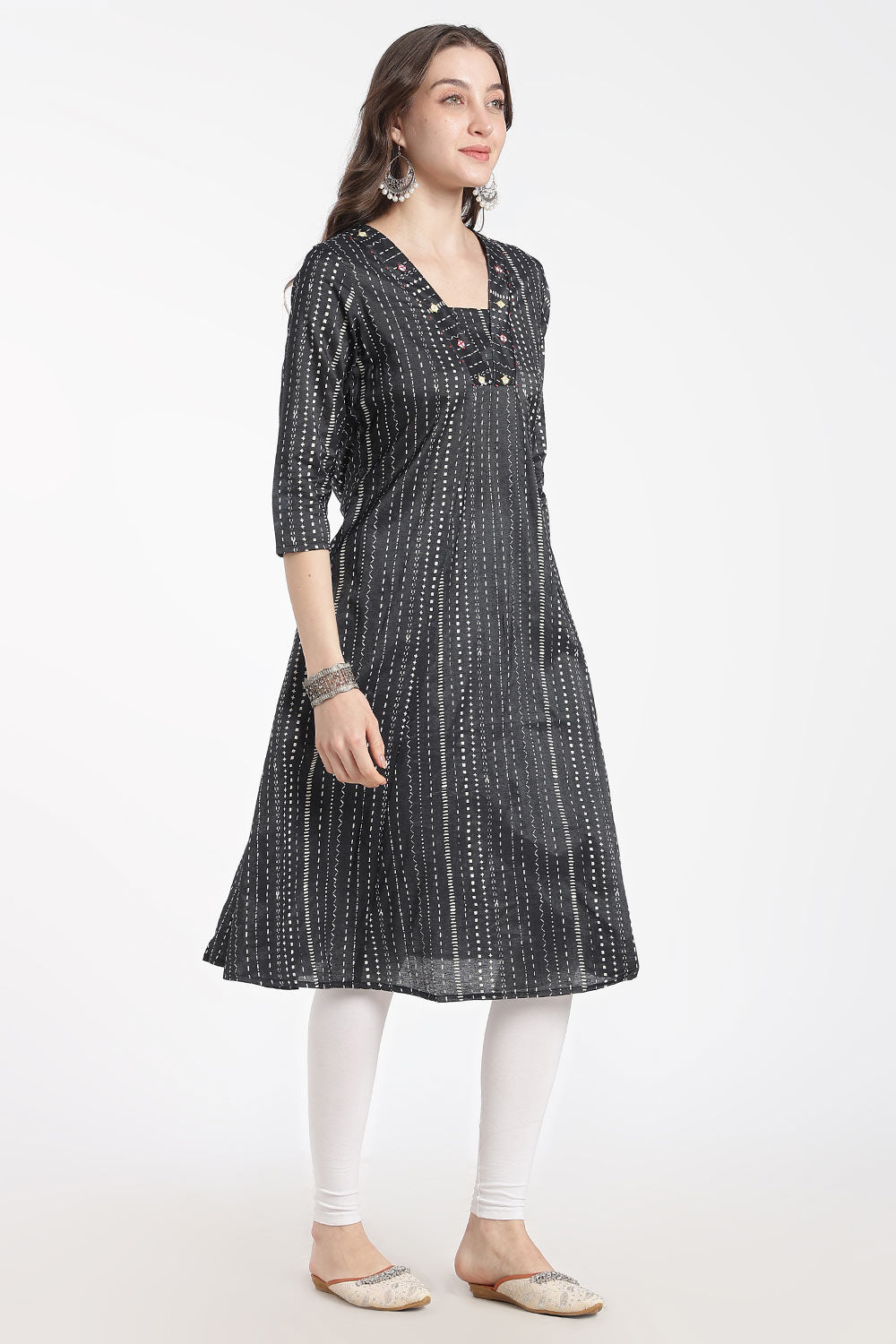 Mythri Women’s Cotton Chanderi Embroidered Kurti – V-Neck 3/4 Sleeve Butta Print Ethnic Kurti for Women | Everyday Cotton Kurti - 1206