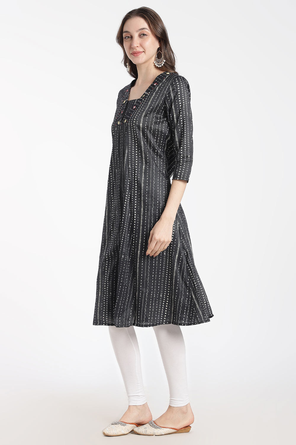 Mythri Women’s Cotton Chanderi Embroidered Kurti – V-Neck 3/4 Sleeve Butta Print Ethnic Kurti for Women | Everyday Cotton Kurti - 1206