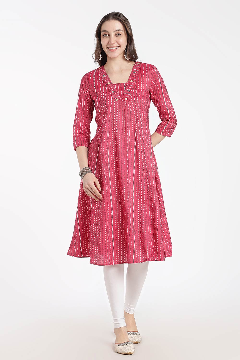 Mythri Women’s Cotton Chanderi Embroidered Kurti – V-Neck 3/4 Sleeve Butta Print Ethnic Kurti for Women | Everyday Cotton Kurti - 1205