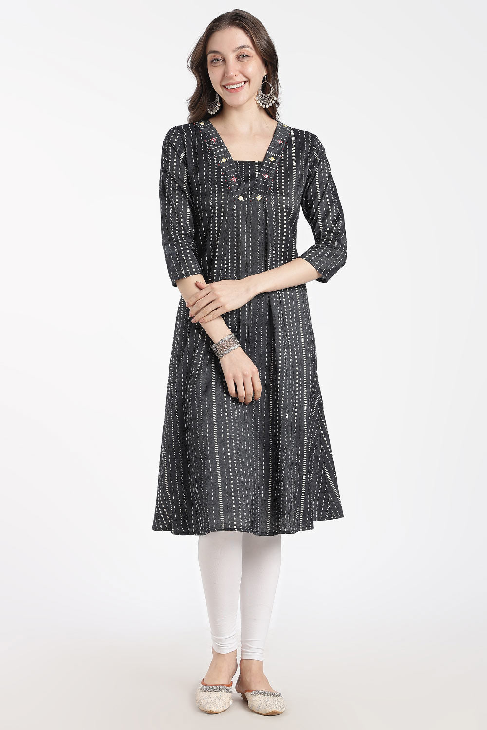 Mythri Women’s Cotton Chanderi Embroidered Kurti – V-Neck 3/4 Sleeve Butta Print Ethnic Kurti for Women | Everyday Cotton Kurti - 1206