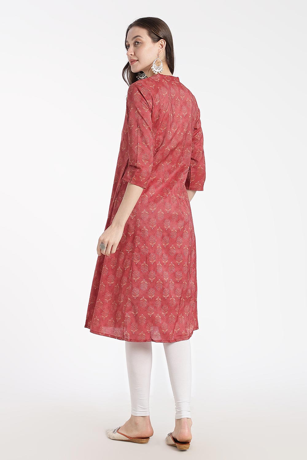 Mythri Women’s Cotton Chanderi Kurti – Mandarin Collar Pintuck Kurti with 3/4 Sleeves | Butta Print Ethnic Kurti for Women - 1207