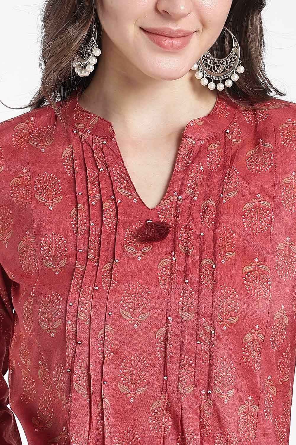 Mythri Women’s Cotton Chanderi Kurti – Mandarin Collar Pintuck Kurti with 3/4 Sleeves | Butta Print Ethnic Kurti for Women - 1207