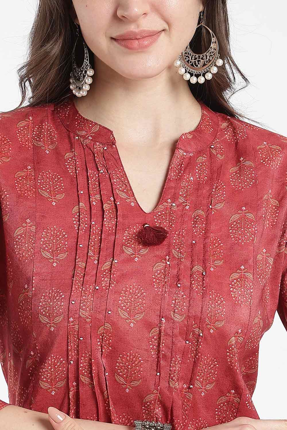 Mythri Women’s Cotton Chanderi Kurti – Mandarin Collar Pintuck Kurti with 3/4 Sleeves | Butta Print Ethnic Kurti for Women - 1207