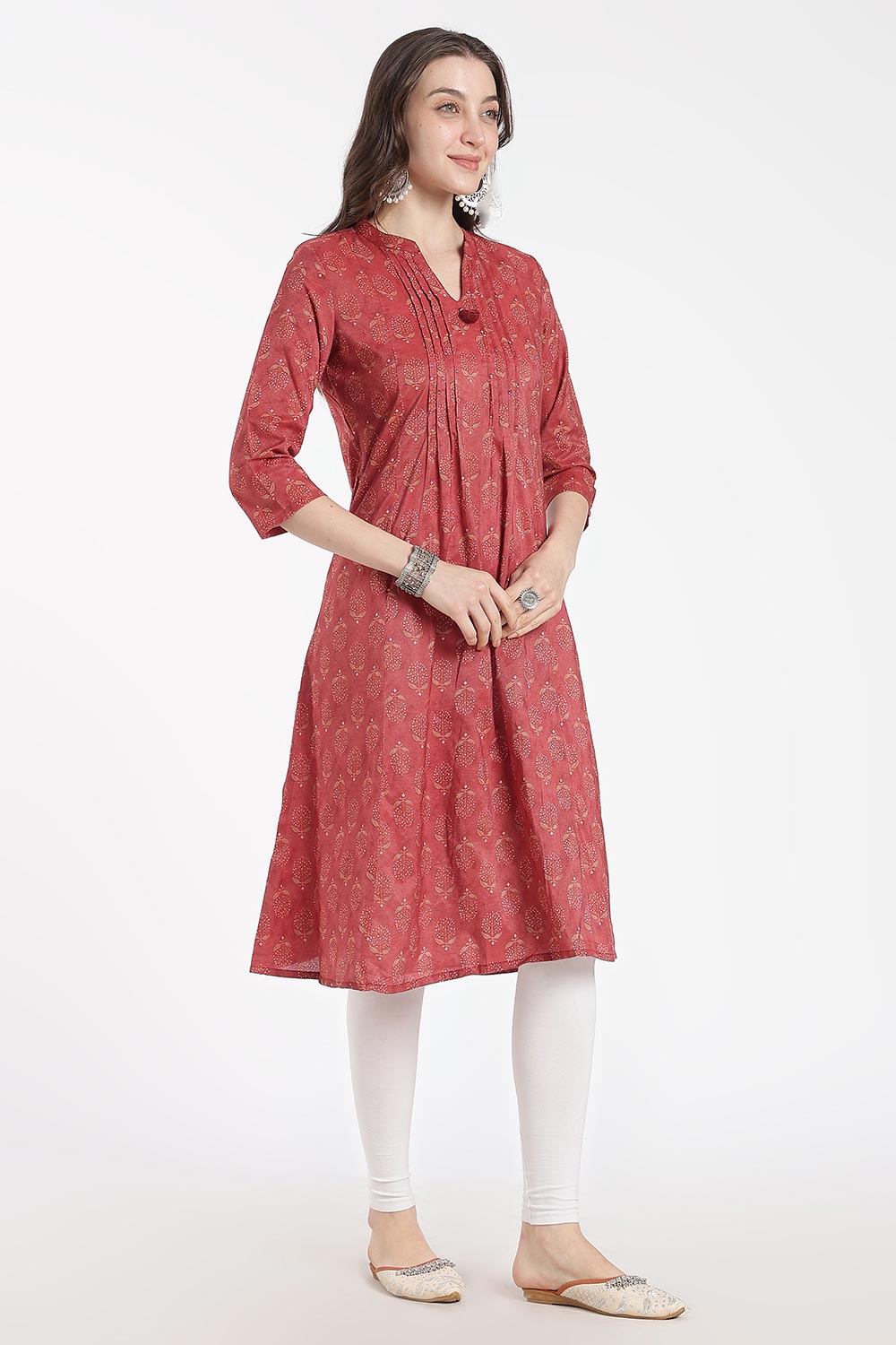 Mythri Women’s Cotton Chanderi Kurti – Mandarin Collar Pintuck Kurti with 3/4 Sleeves | Butta Print Ethnic Kurti for Women - 1207