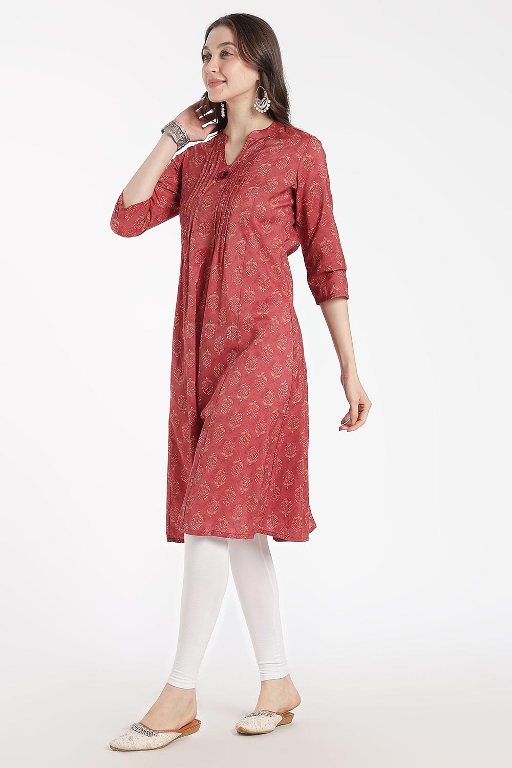 Mythri Women’s Cotton Chanderi Kurti – Mandarin Collar Pintuck Kurti with 3/4 Sleeves | Butta Print Ethnic Kurti for Women - 1207