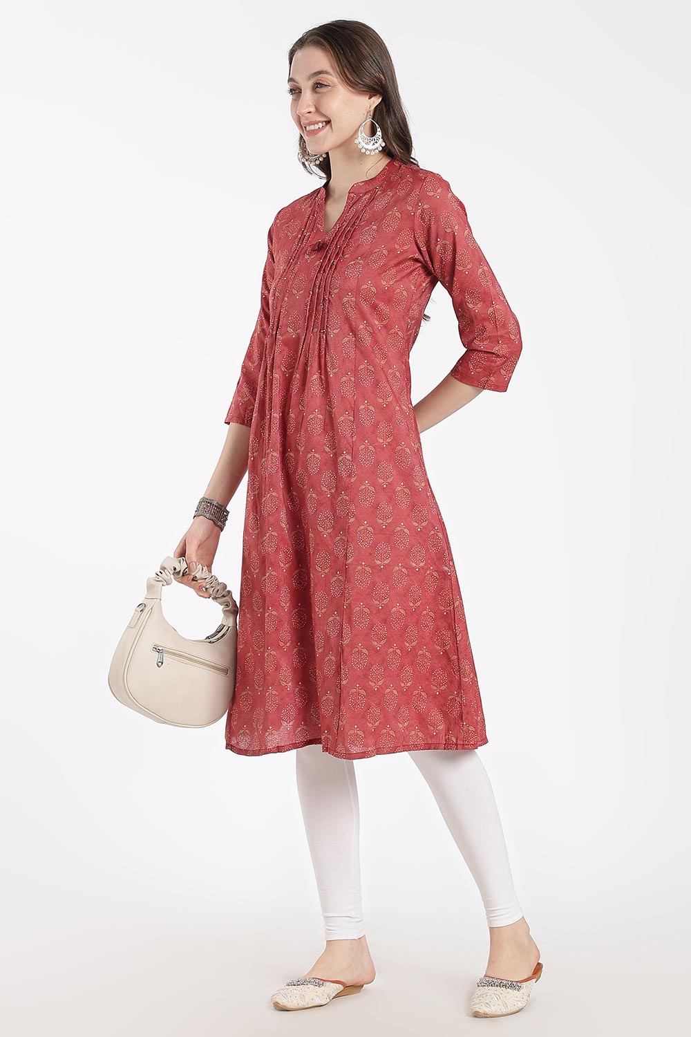 Mythri Women’s Cotton Chanderi Kurti – Mandarin Collar Pintuck Kurti with 3/4 Sleeves | Butta Print Ethnic Kurti for Women - 1207