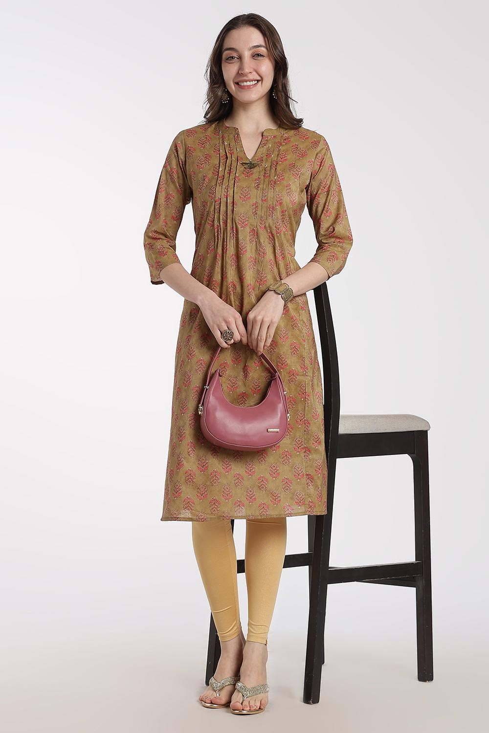 Mythri Women’s Cotton Chanderi Kurti – Mandarin Collar Pintuck Kurti with 3/4 Sleeves | Butta Print Ethnic Kurti for Women - 1208