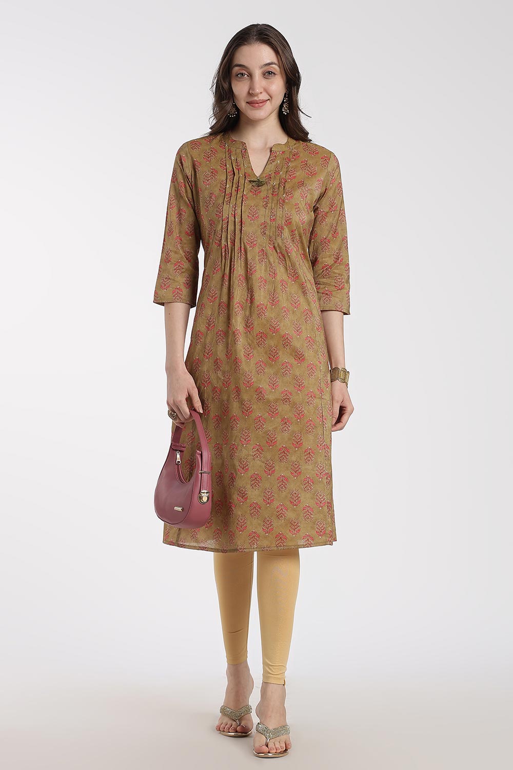 Mythri Women’s Cotton Chanderi Kurti – Mandarin Collar Pintuck Kurti with 3/4 Sleeves | Butta Print Ethnic Kurti for Women - 1208